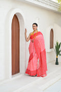 PINK - PEACH APPLIQUE EMBROIDERED SILK BANDHANI SAREE WITH TASSELS