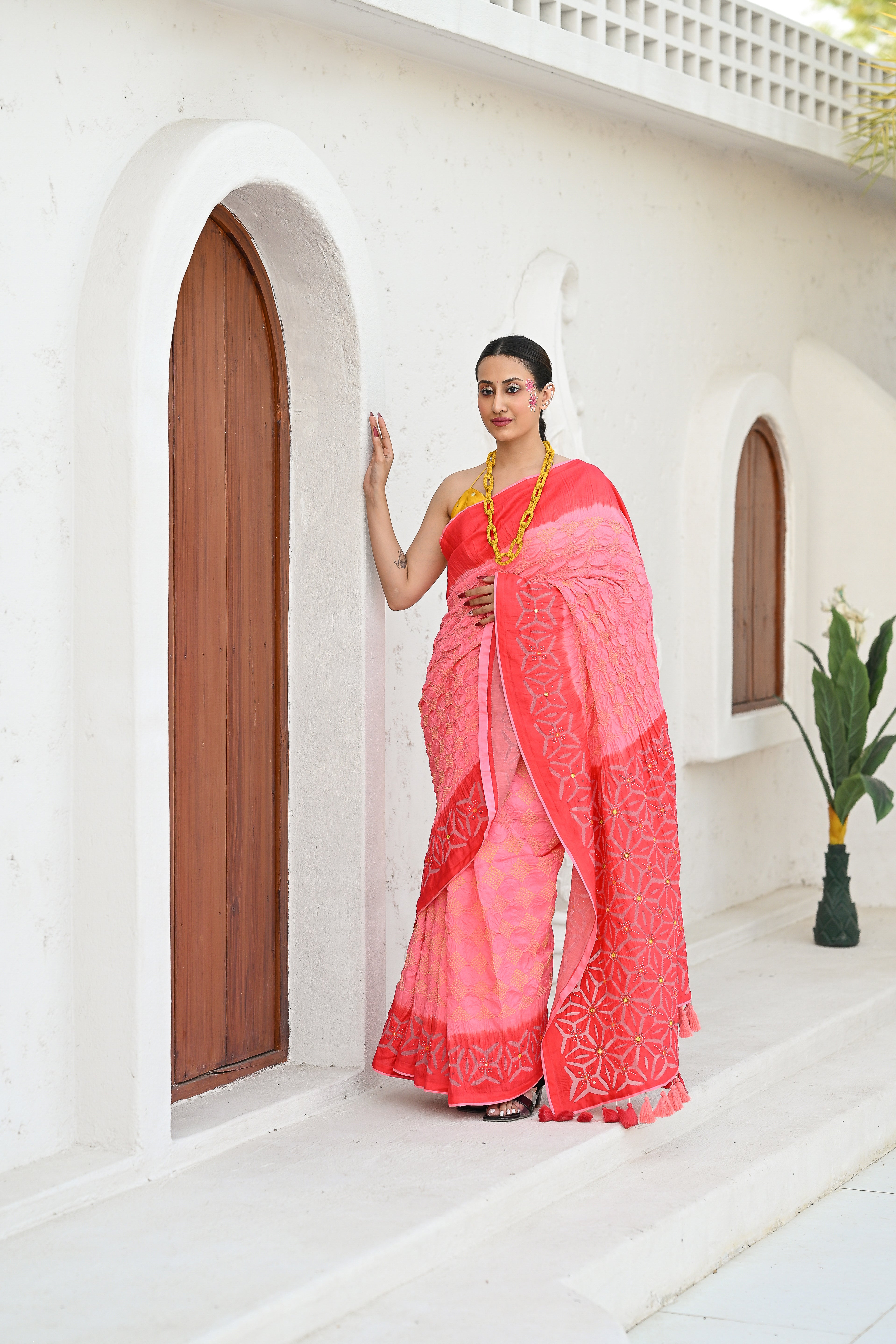 PINK - PEACH APPLIQUE EMBROIDERED SILK BANDHANI SAREE WITH TASSELS