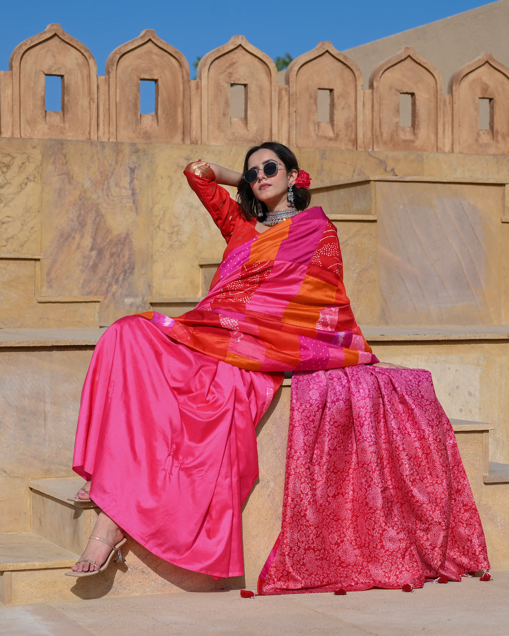 RED-PINK BAARADOZI PATCHWORK REVERSIBLE SILK SAREE