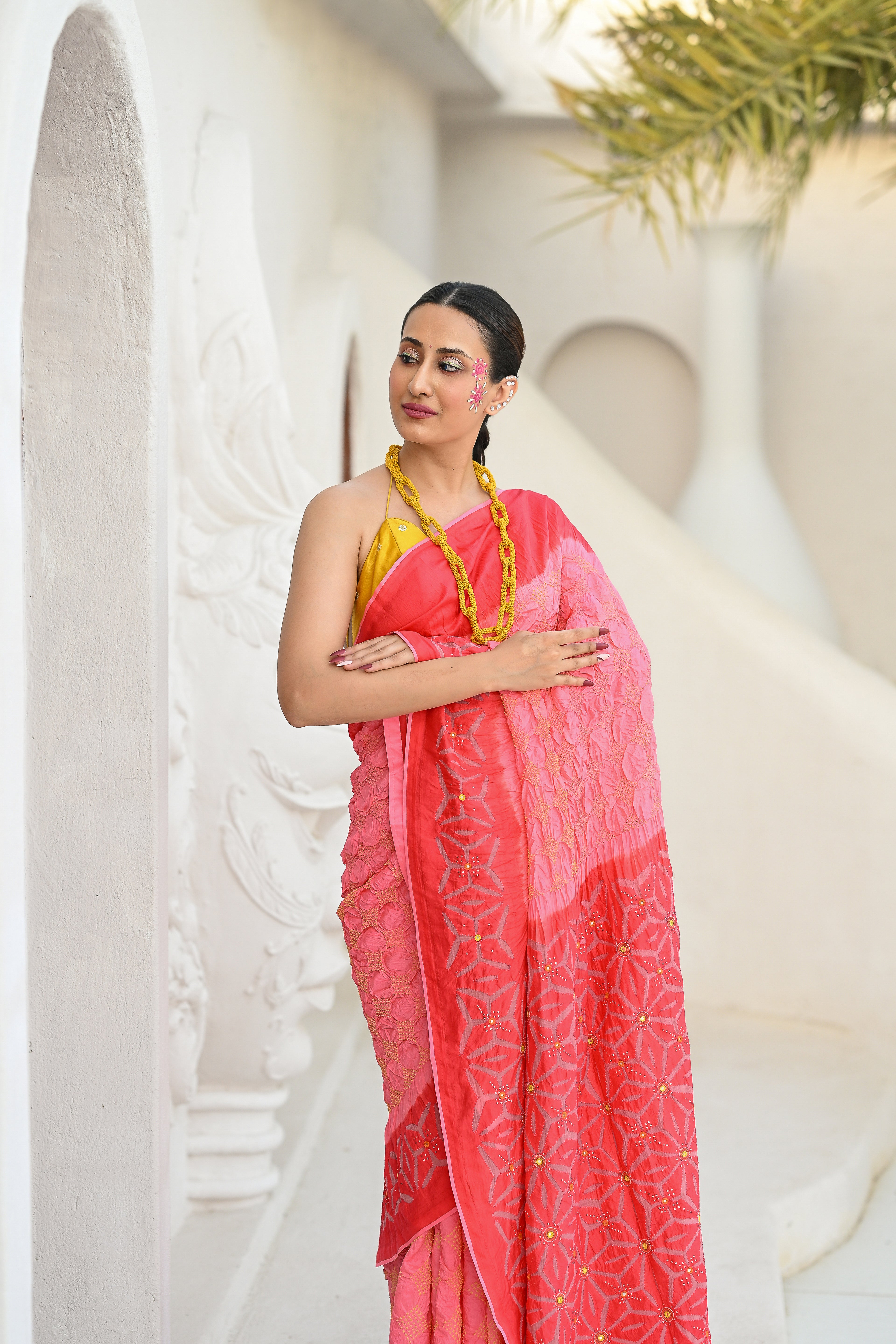 PINK - PEACH APPLIQUE EMBROIDERED SILK BANDHANI SAREE WITH TASSELS