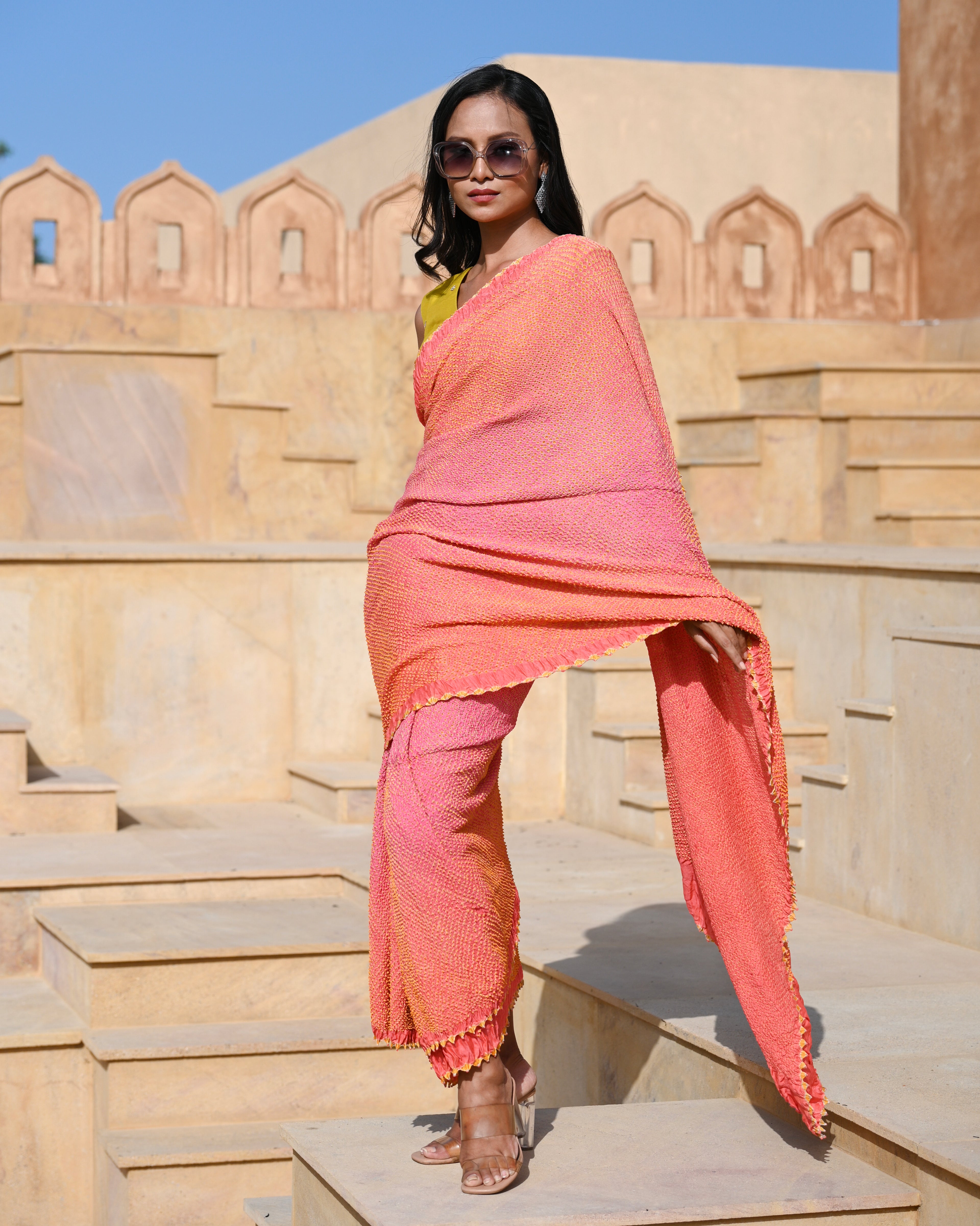 PEACH-PINK ETERNAL DOTS BANDHANI SILK SAREE