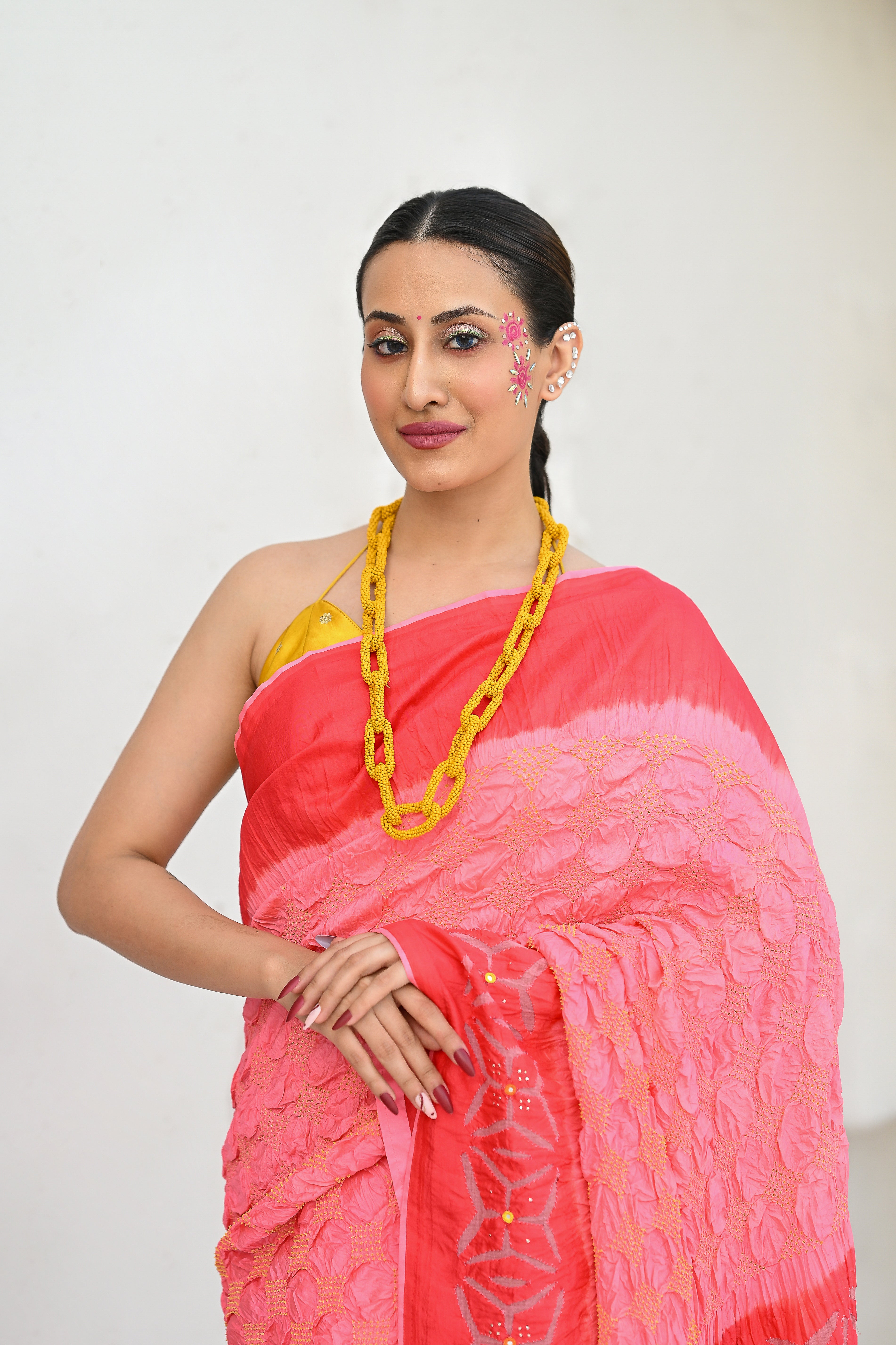 PINK - PEACH APPLIQUE EMBROIDERED SILK BANDHANI SAREE WITH TASSELS