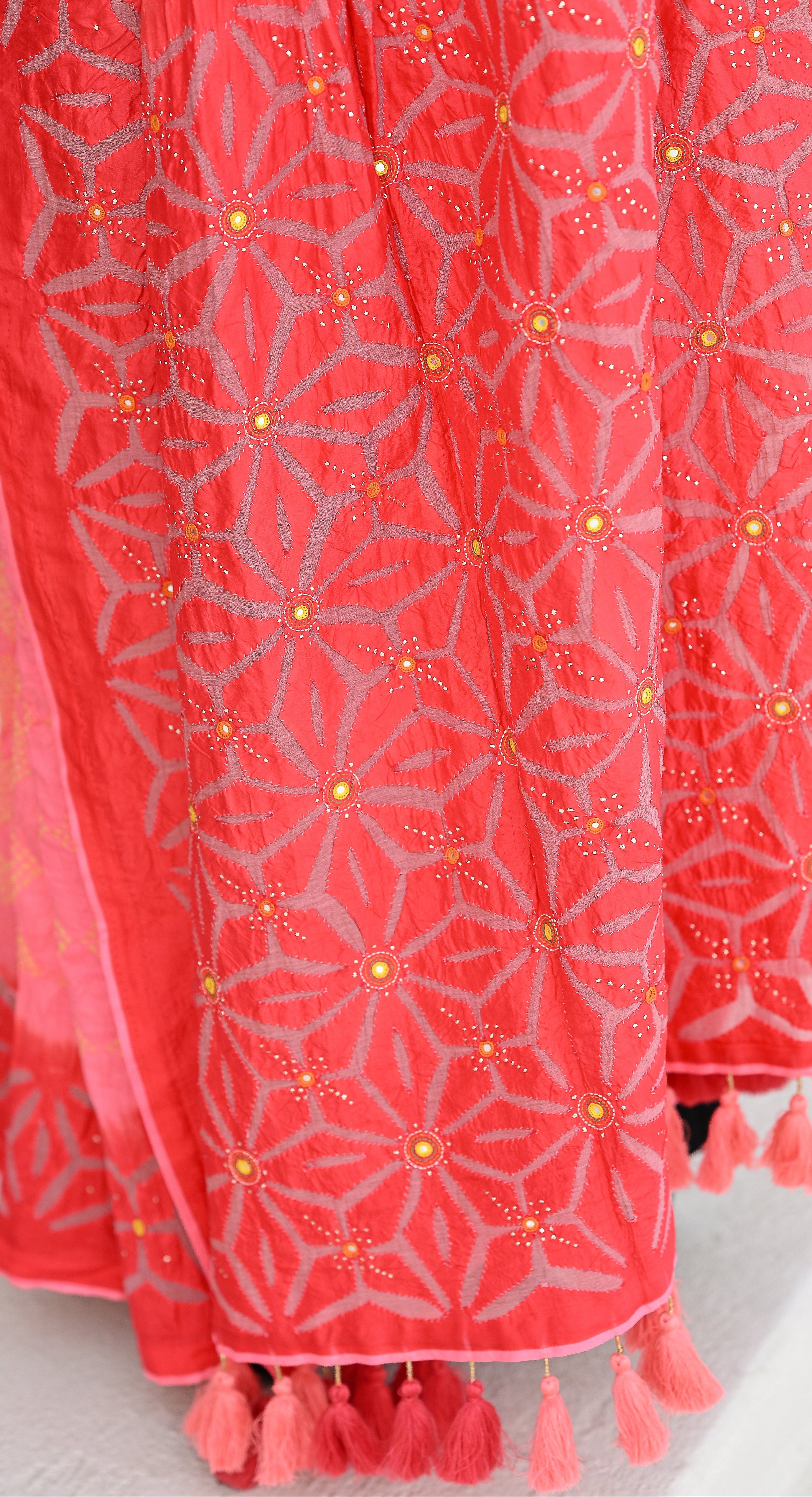 PINK - PEACH APPLIQUE EMBROIDERED SILK BANDHANI SAREE WITH TASSELS