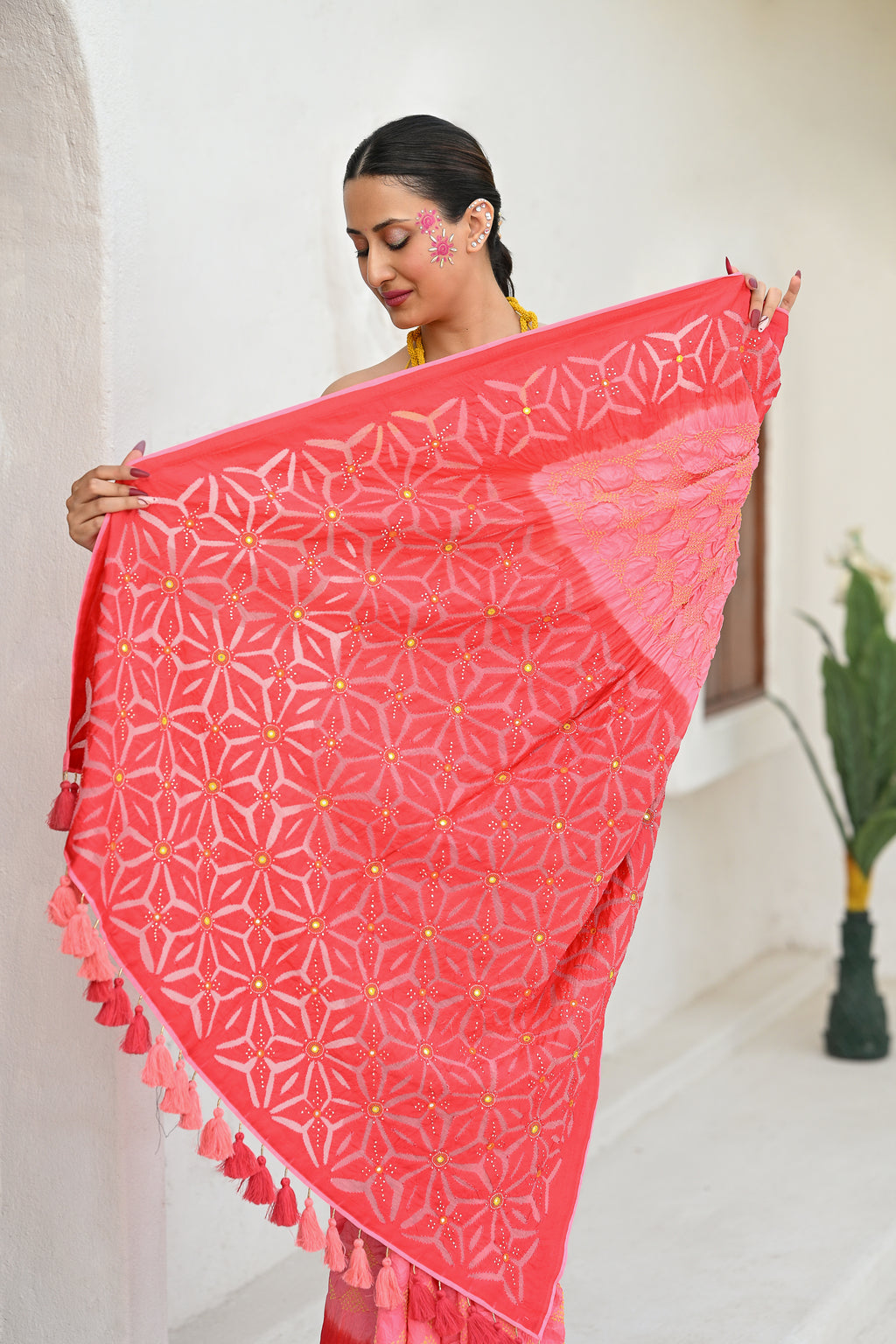 PINK - PEACH APPLIQUE EMBROIDERED SILK BANDHANI SAREE WITH TASSELS