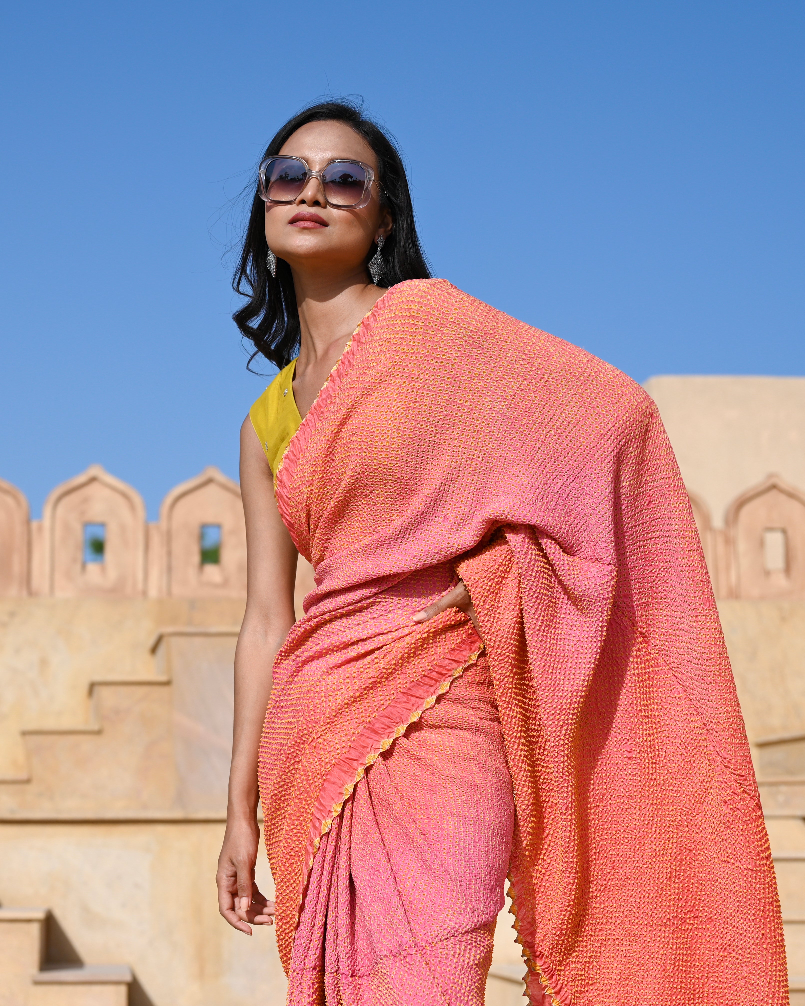 PEACH-PINK ETERNAL DOTS BANDHANI SILK SAREE