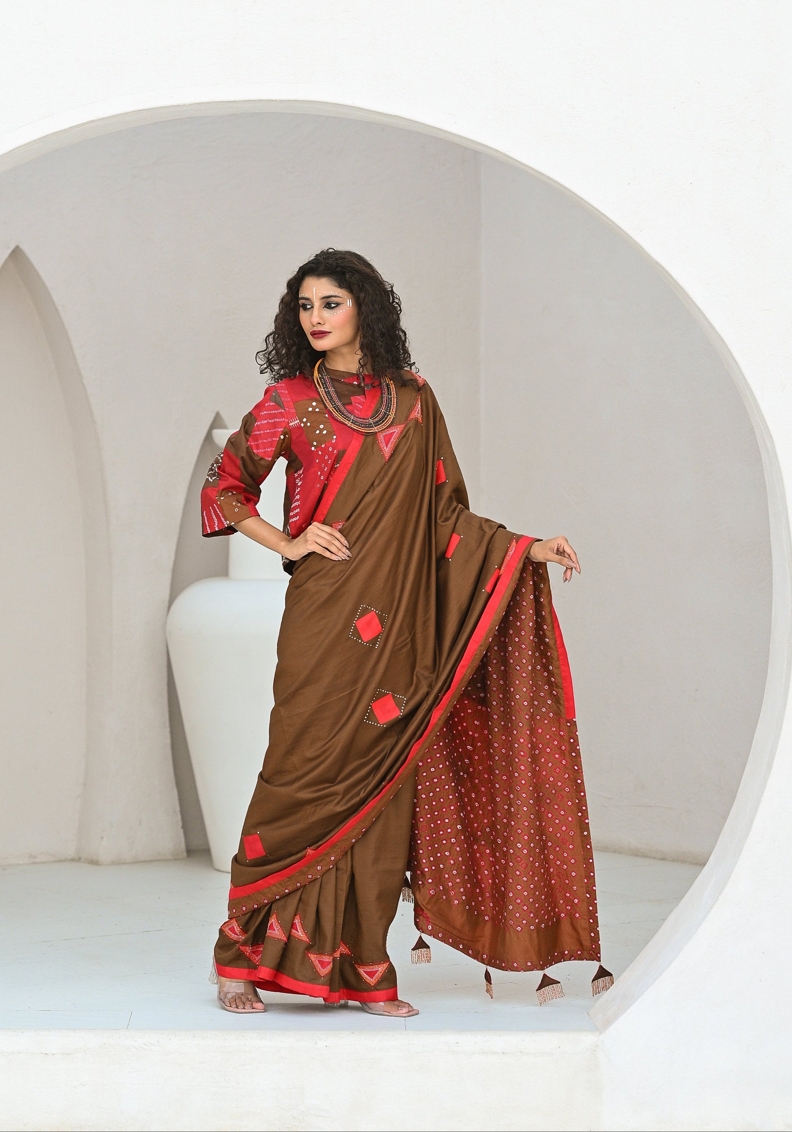 RED - BROWN WABI - SABI EMBROIDERED SILK SAREE WITH TASSELS