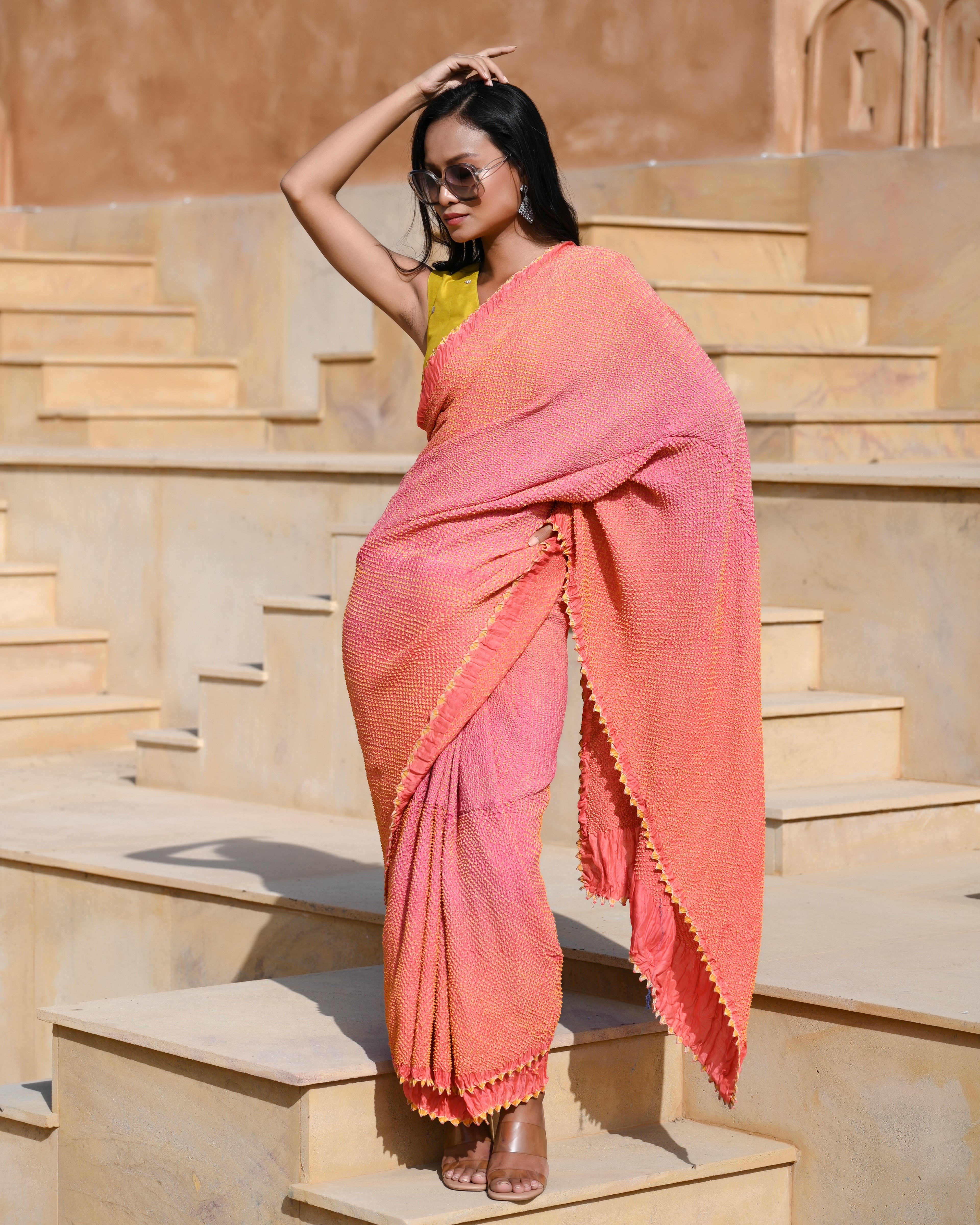 PEACH-PINK ETERNAL DOTS BANDHANI SILK SAREE