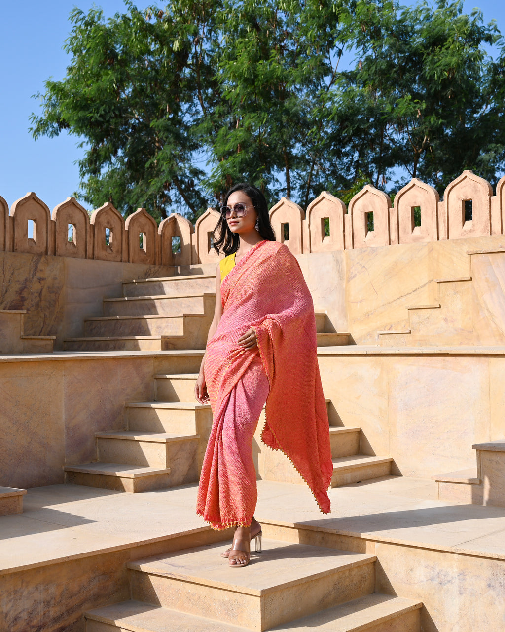 PEACH-PINK ETERNAL DOTS BANDHANI SILK SAREE