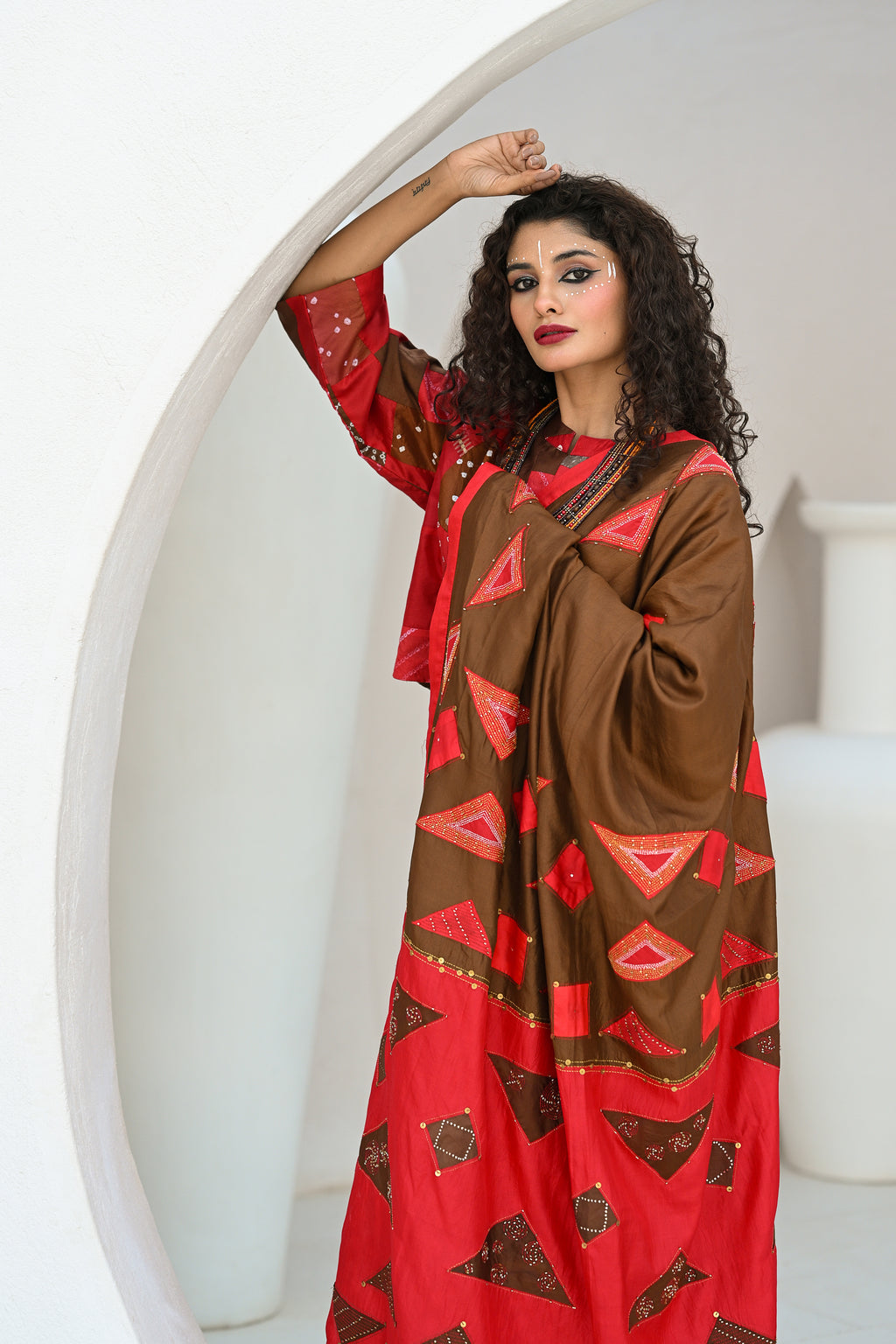 RED - BROWN WABI - SABI EMBROIDERED SILK SAREE WITH TASSELS