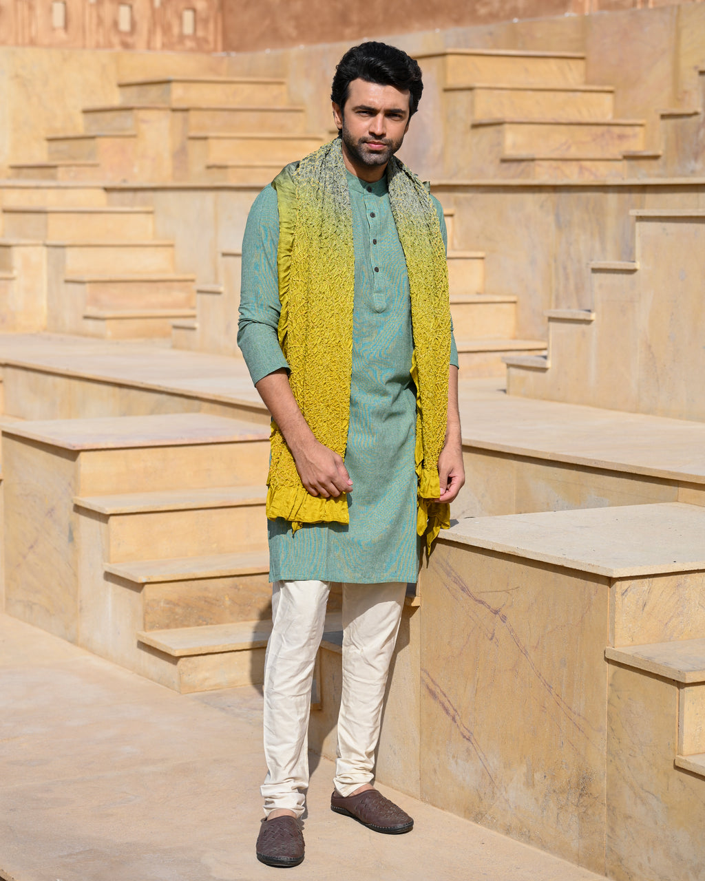 GREY-MUSTARD YELLOW POPPY FLOWER BANDHANI SILK DUPATTA