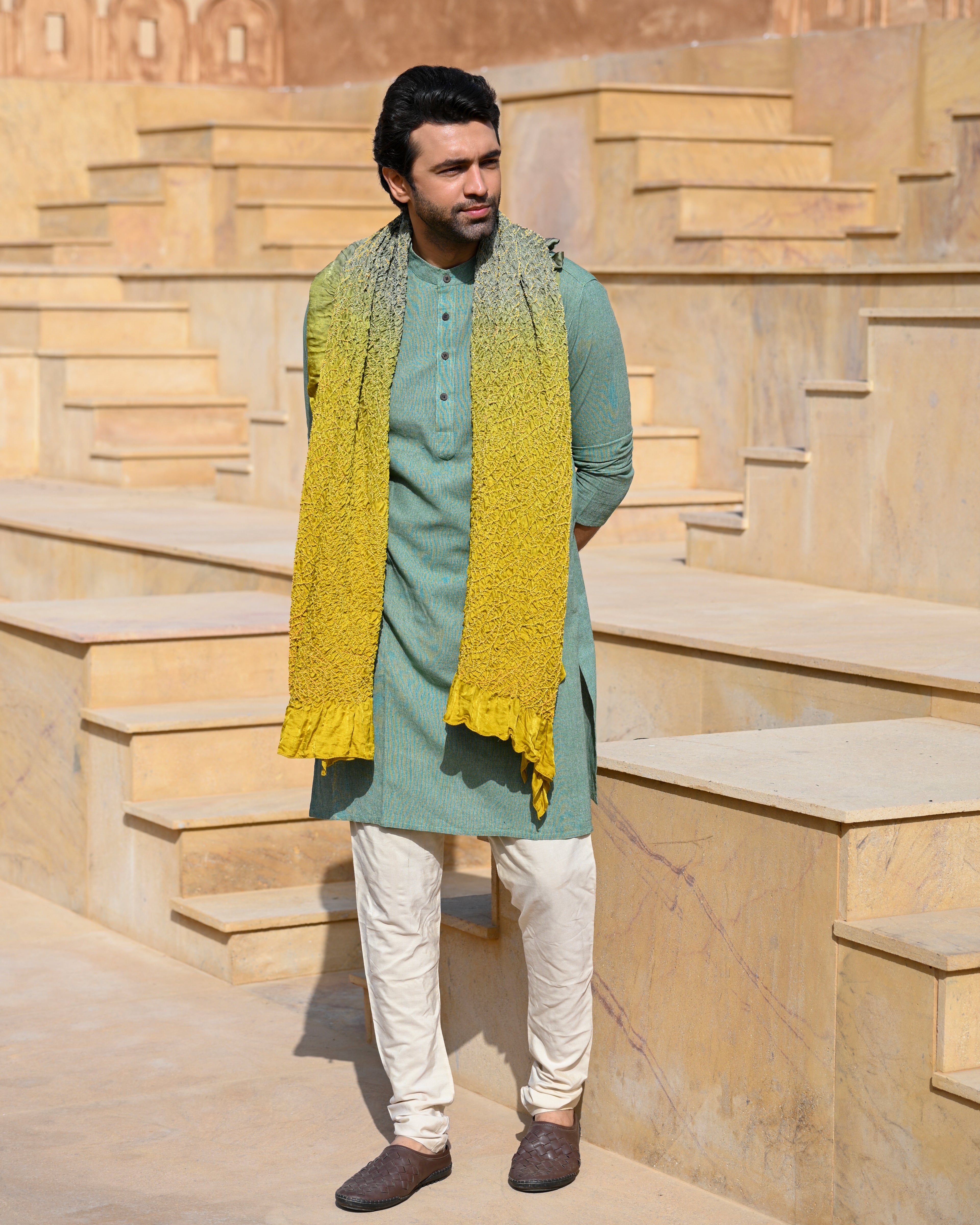 GREY-MUSTARD YELLOW POPPY FLOWER BANDHANI SILK DUPATTA