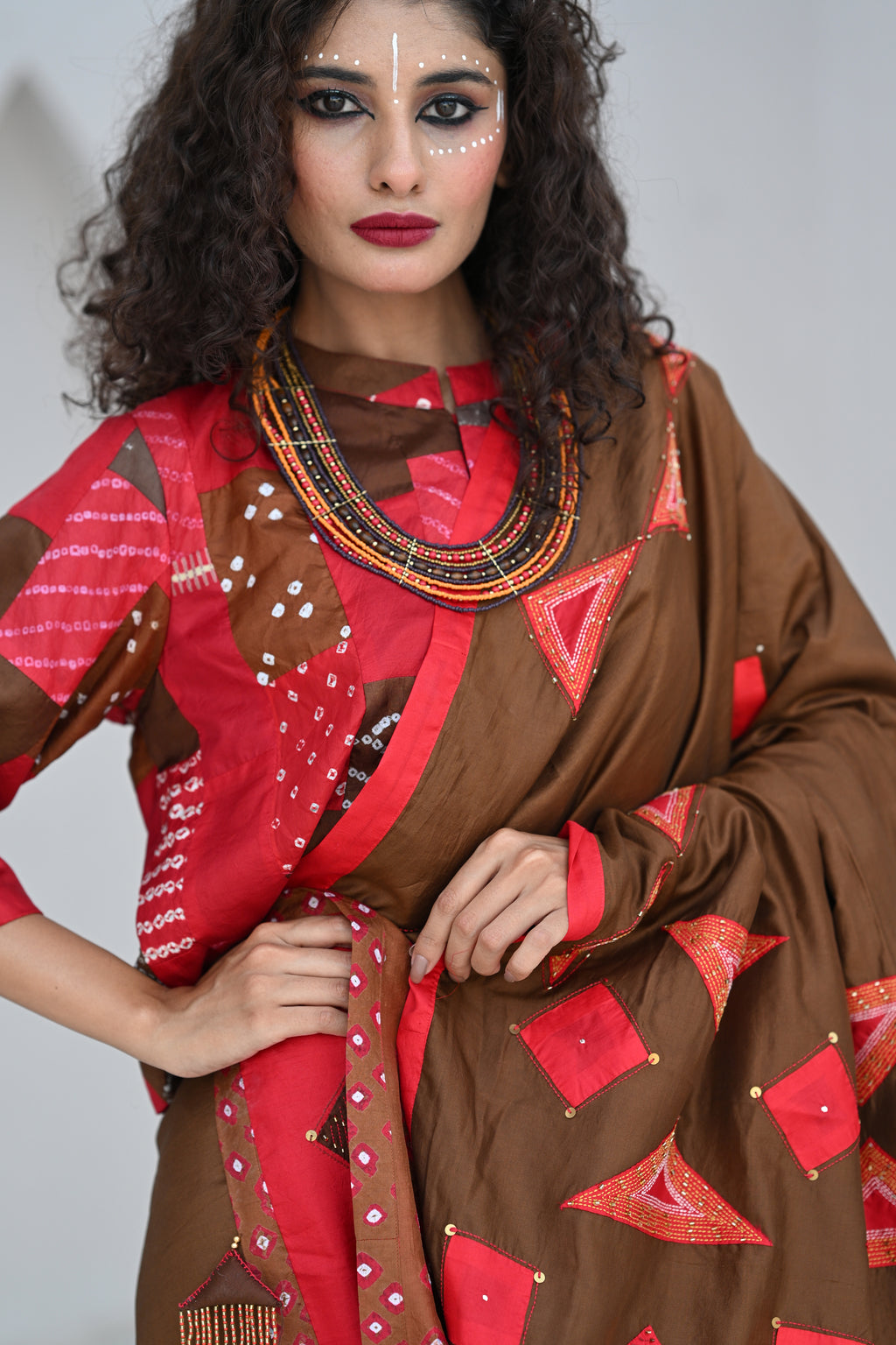 RED-BROWN WABI - SABI  EMBROIDERED SAREE WITH TASSELS