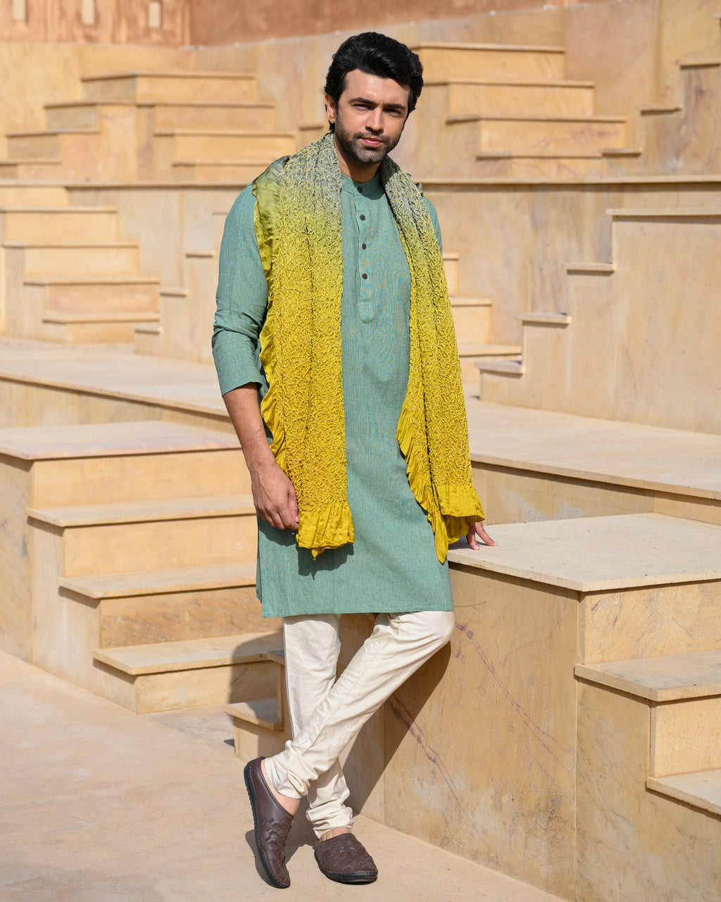GREY-MUSTARD YELLOW POPPY FLOWER BANDHANI SILK DUPATTA
