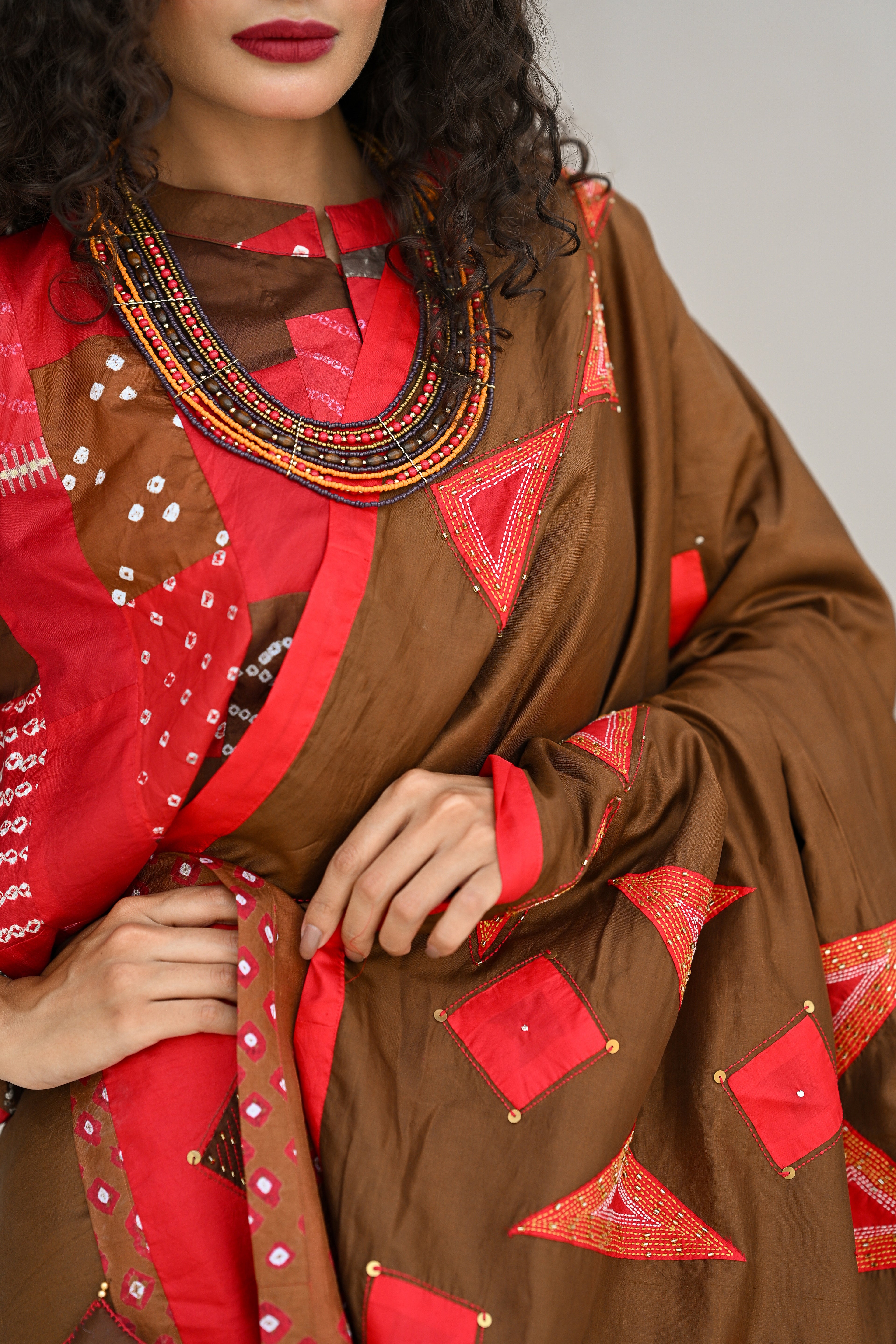 RED - BROWN WABI - SABI EMBROIDERED SILK SAREE WITH TASSELS