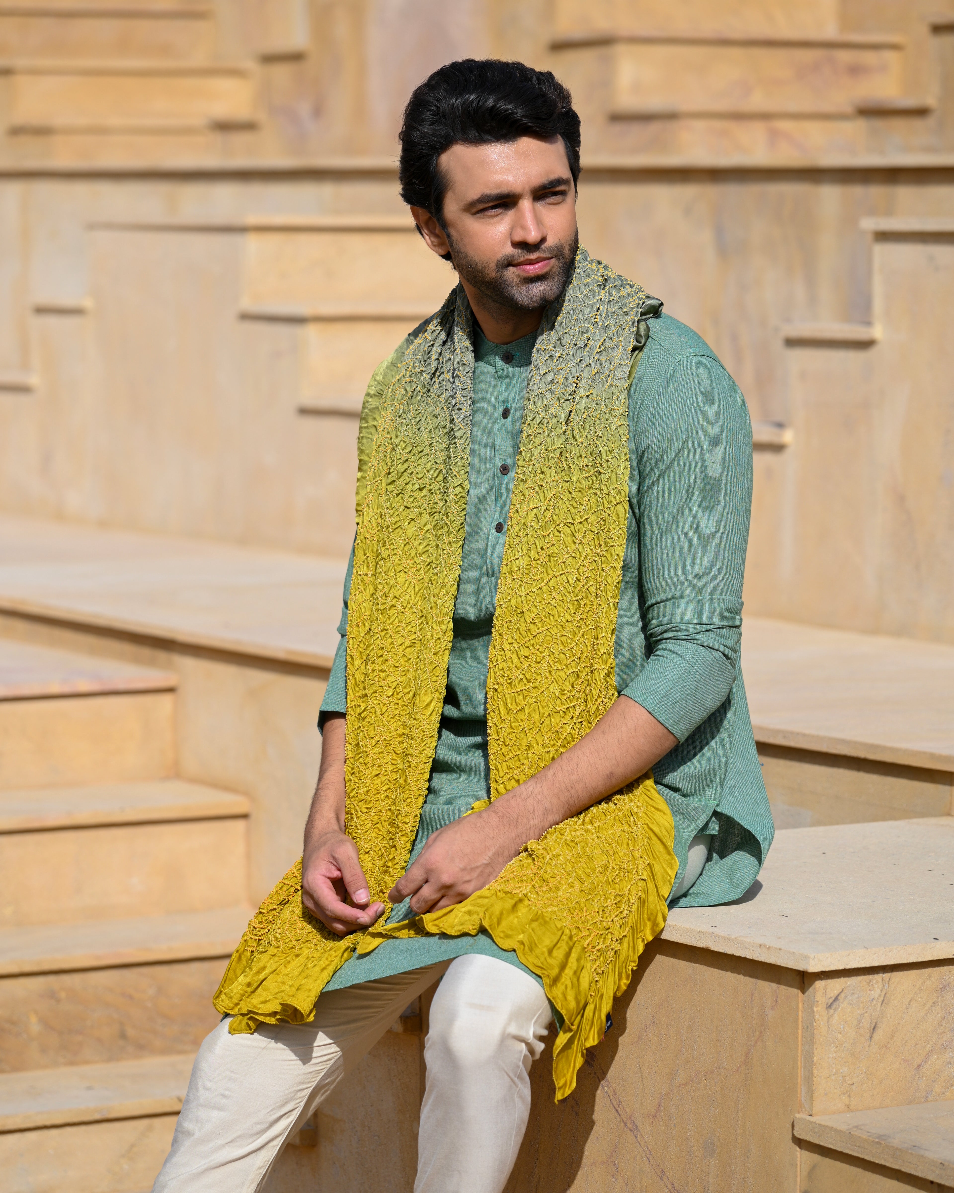 GREY-MUSTARD YELLOW POPPY FLOWER BANDHANI SILK DUPATTA