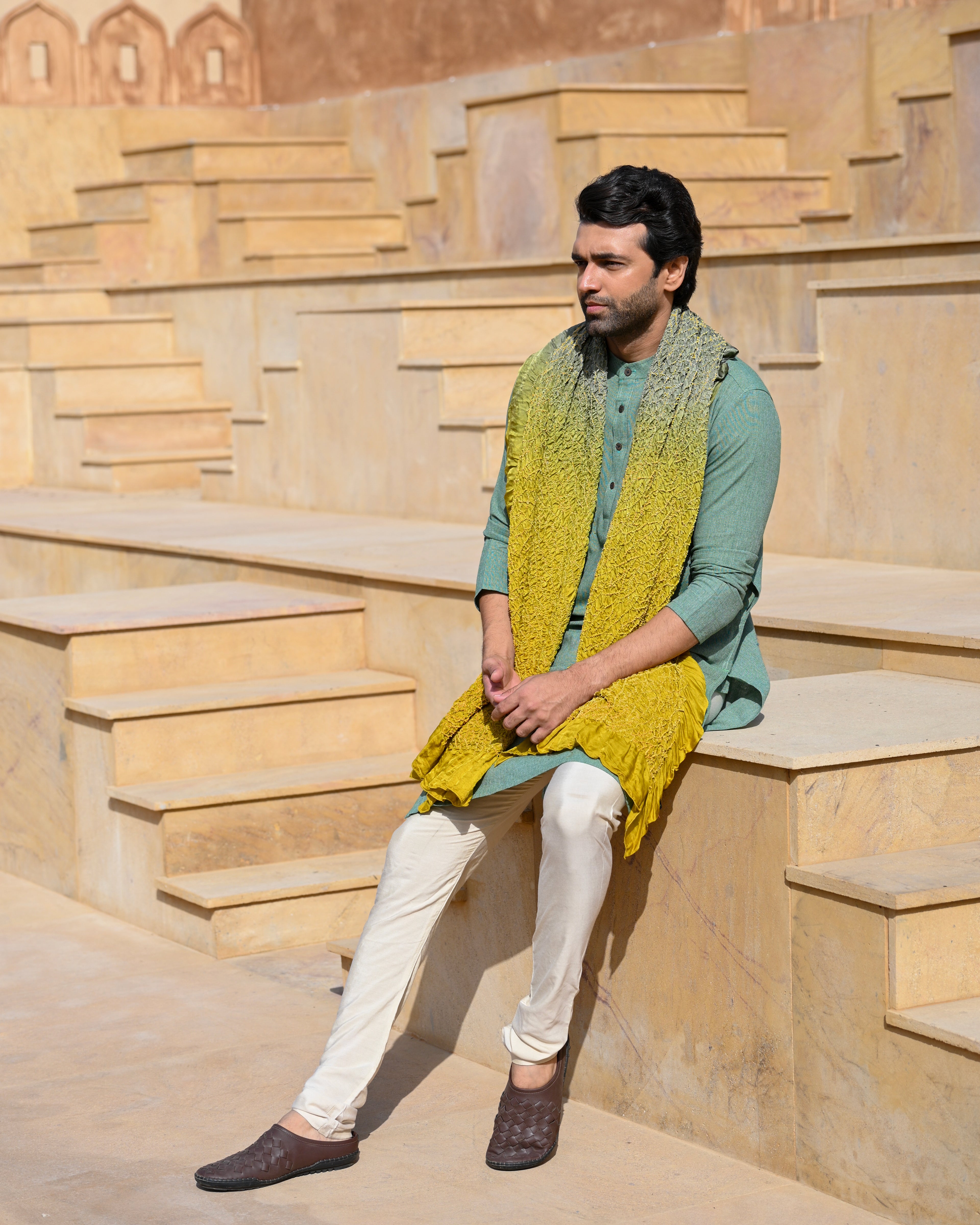 GREY-MUSTARD YELLOW POPPY FLOWER BANDHANI SILK DUPATTA