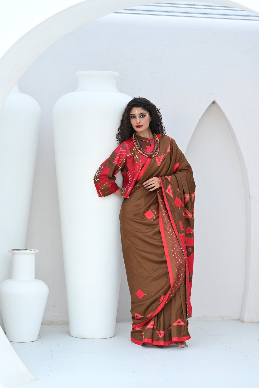 RED-BROWN WABI - SABI  EMBROIDERED SAREE WITH TASSELS