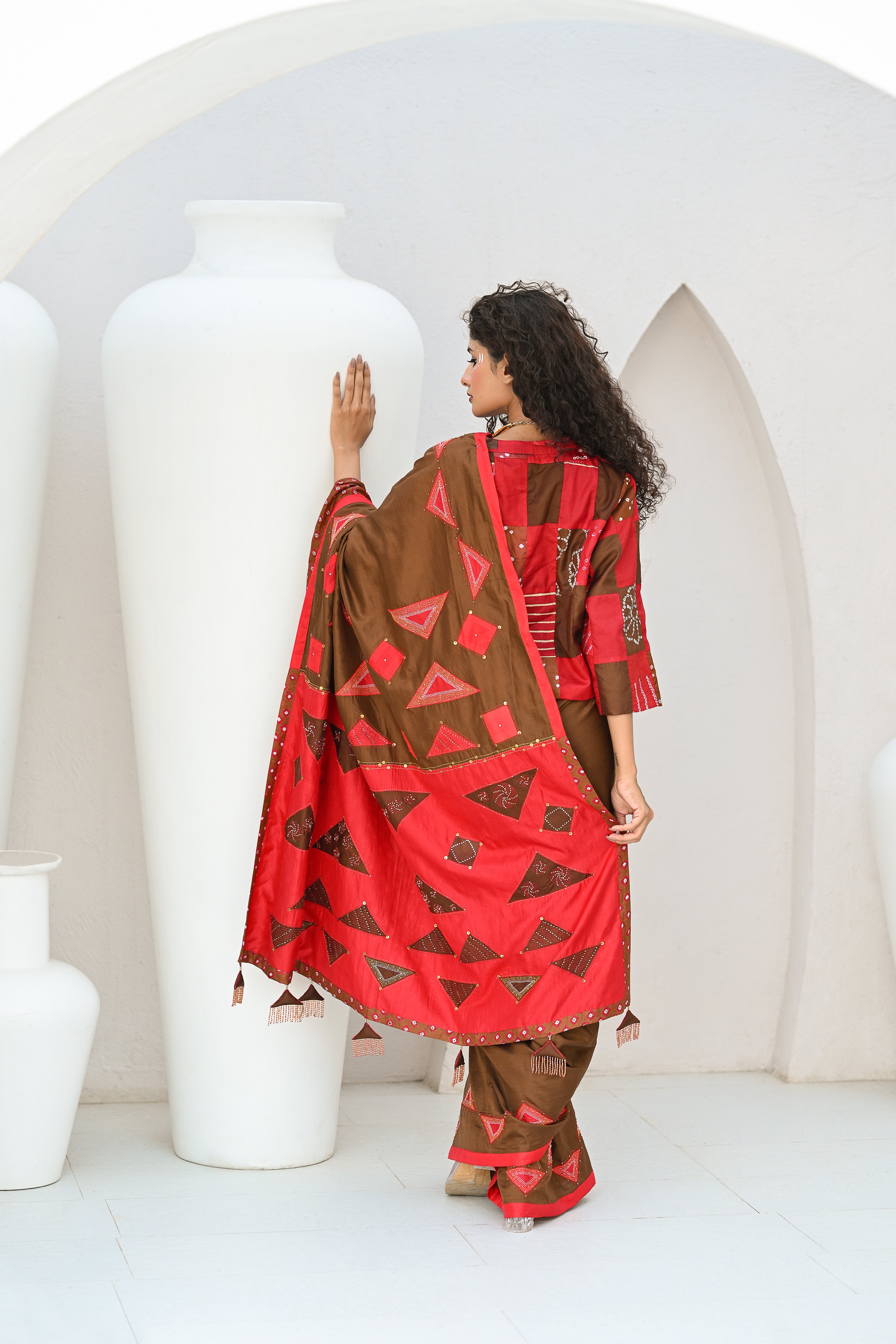 RED - BROWN WABI - SABI EMBROIDERED SILK SAREE WITH TASSELS