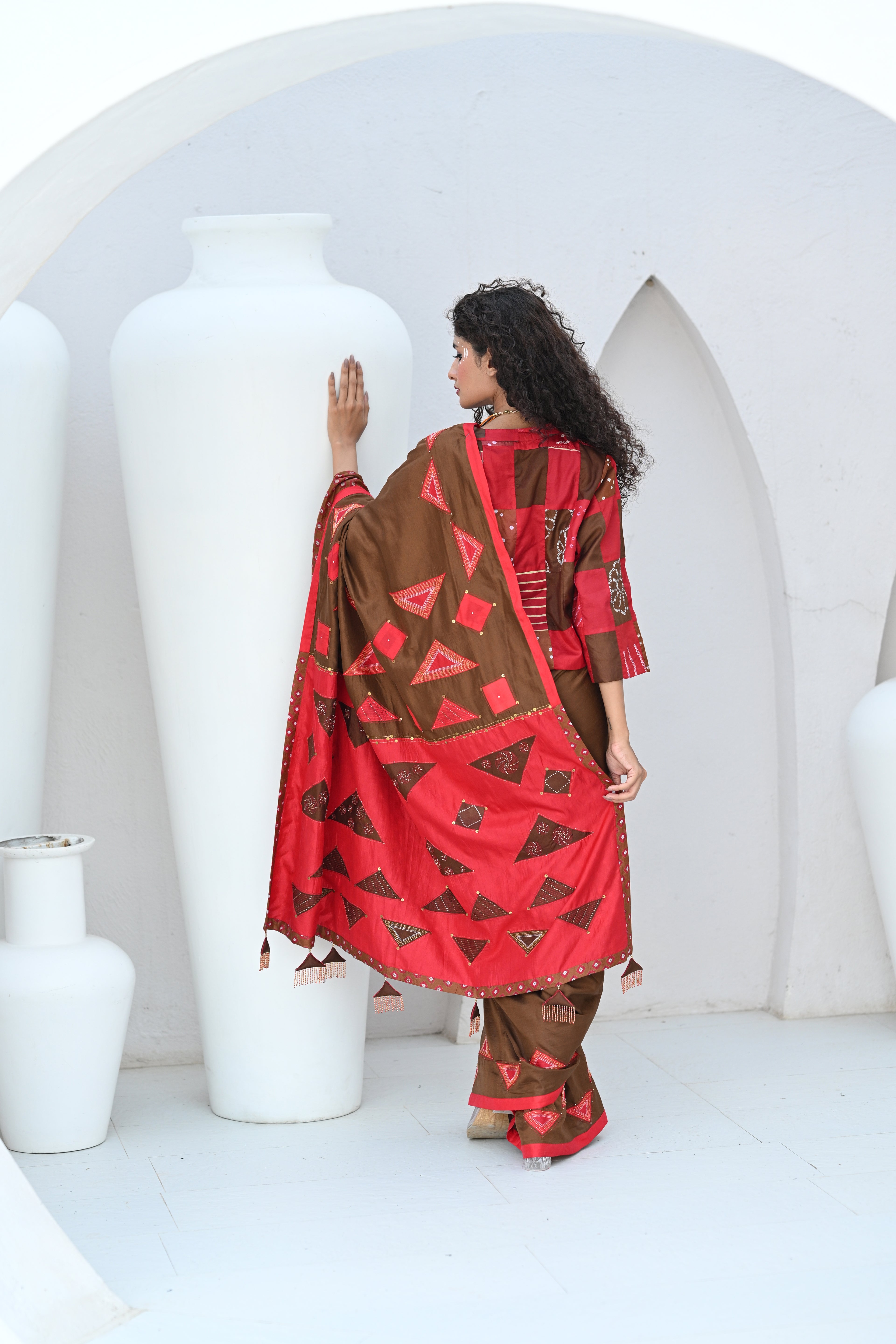 RED-BROWN WABI - SABI  EMBROIDERED SAREE WITH TASSELS