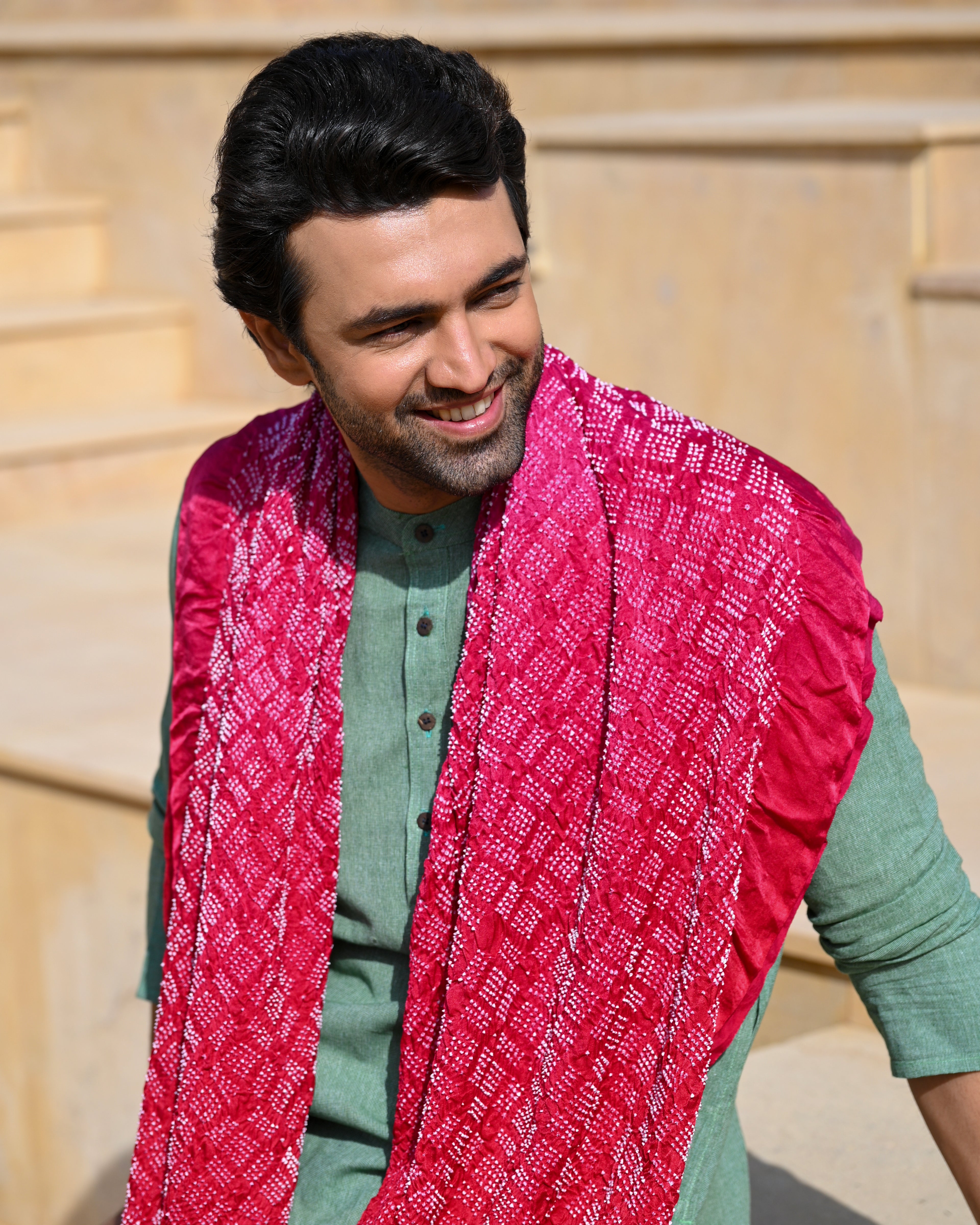 PINK BROKEN LINES BANDHANI SILK DUPATTA