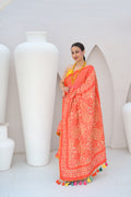 PEACH - ORANGE APPLIQUE EMBROIDERED SILK BANDHANI SAREE WITH TASSELS