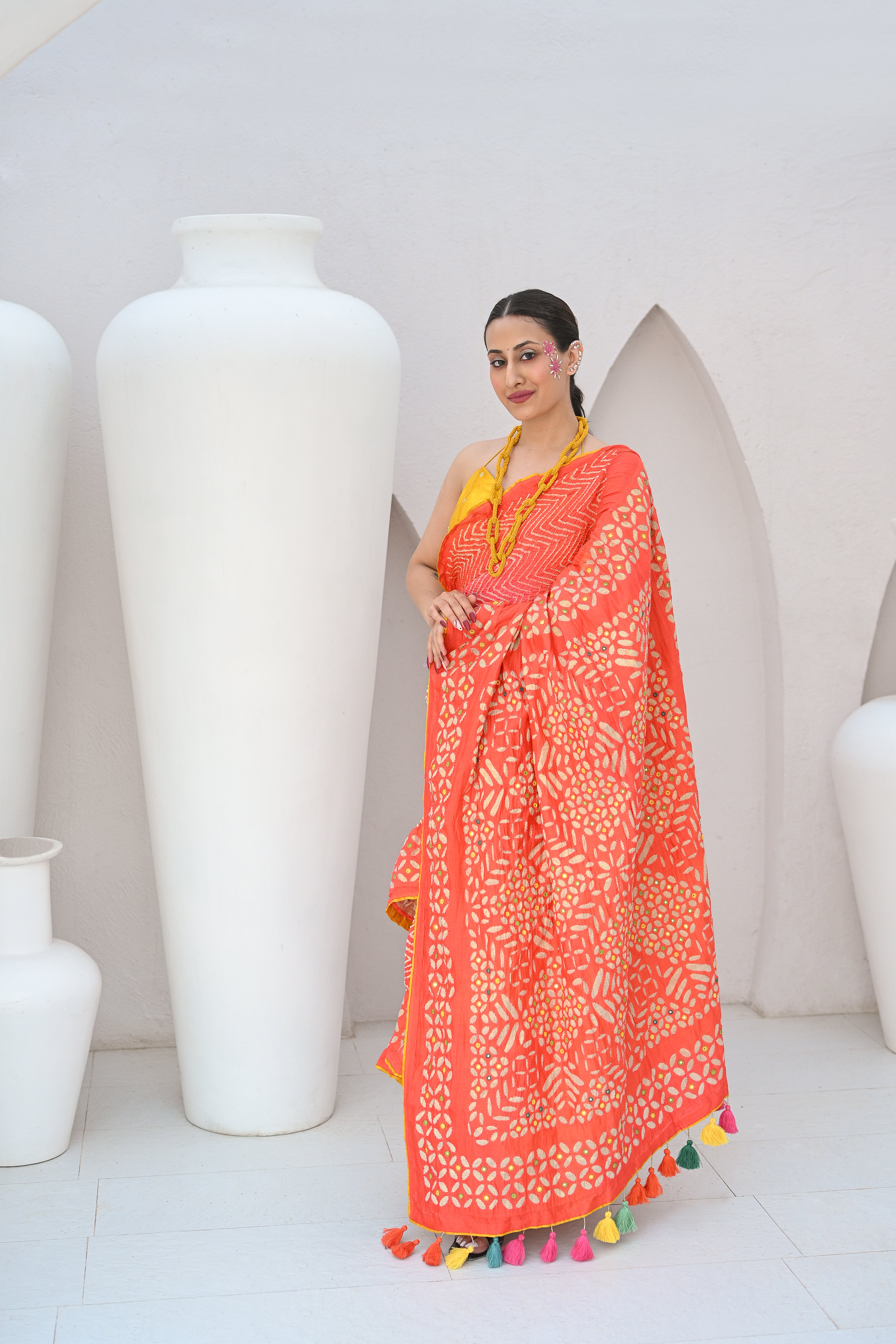 PEACH - ORANGE APPLIQUE EMBROIDERED SILK BANDHANI SAREE WITH TASSELS