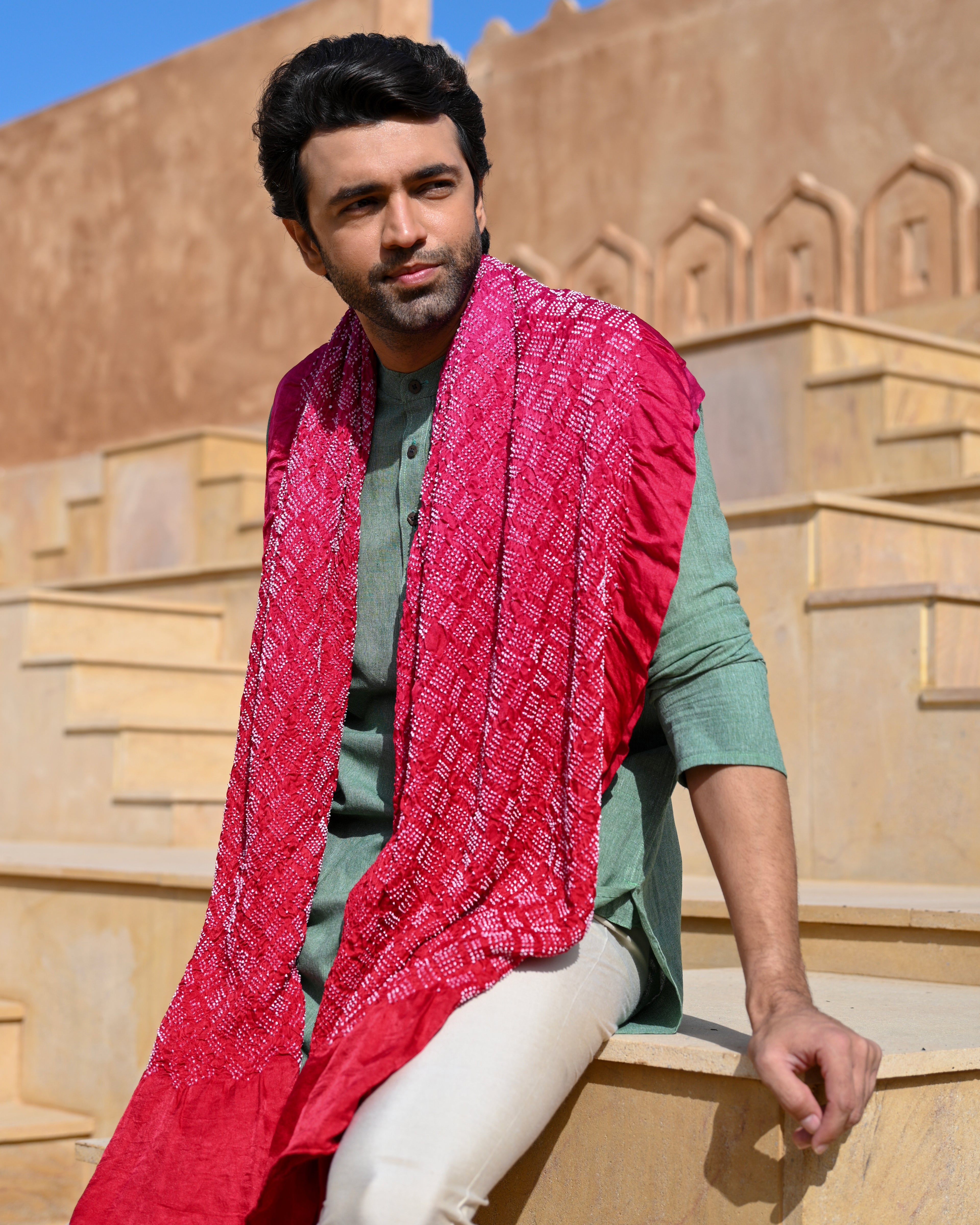 PINK BROKEN LINES BANDHANI SILK DUPATTA
