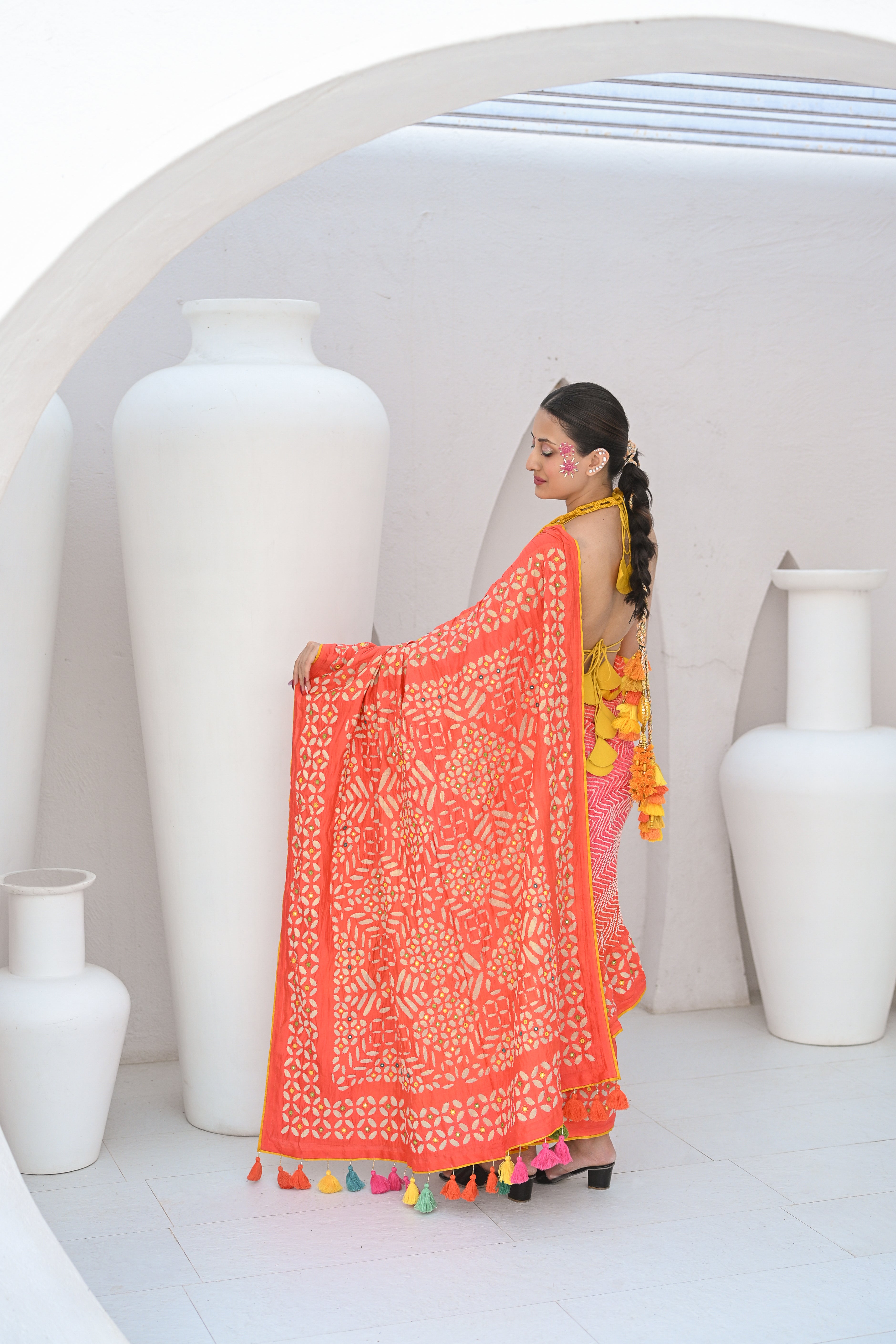 PEACH - ORANGE APPLIQUE EMBROIDERED SILK BANDHANI SAREE WITH TASSELS