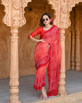 RED POPPY FLOWER BANDHANI SILK SAREE
