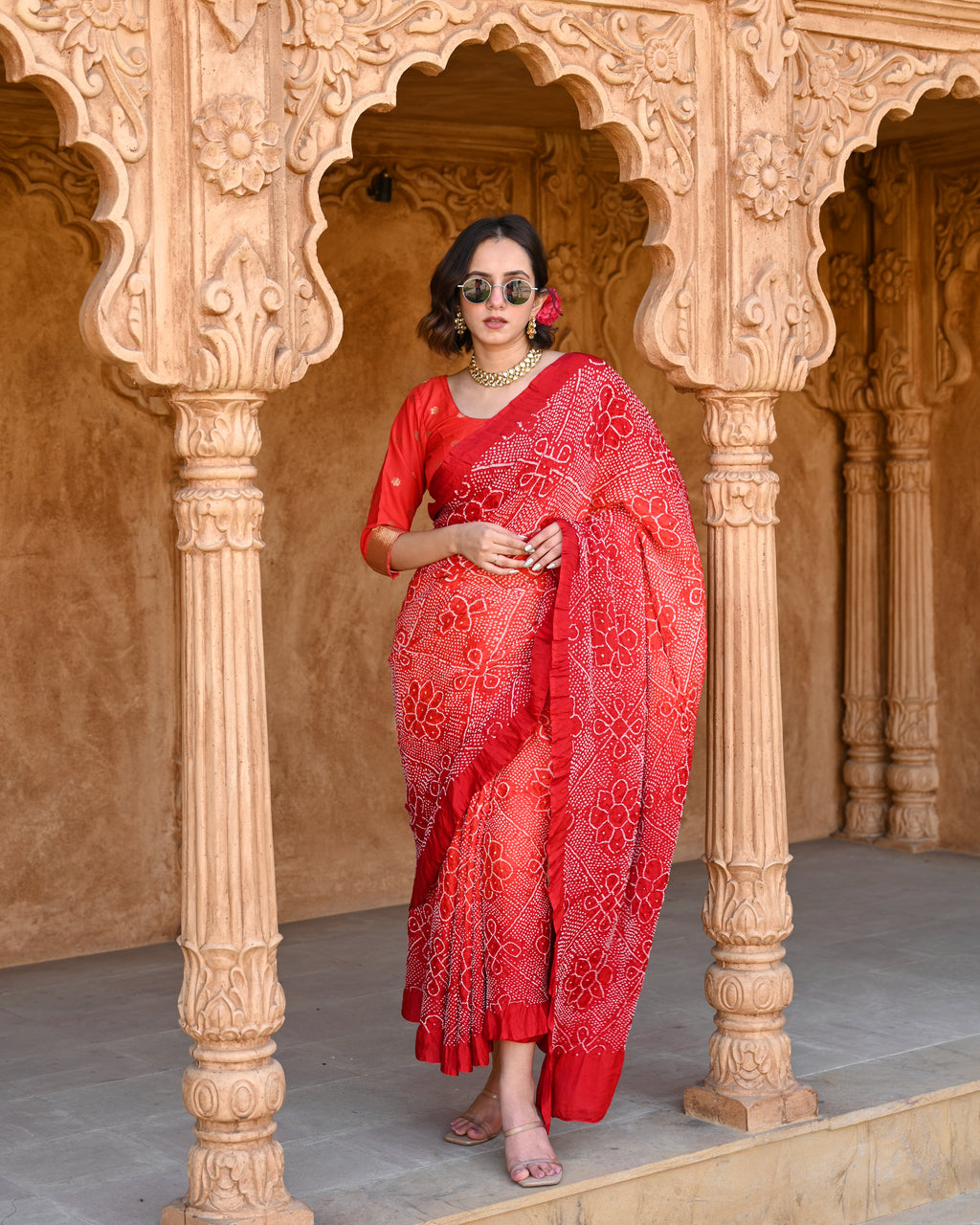 RED POPPY FLOWER BANDHANI SILK SAREE