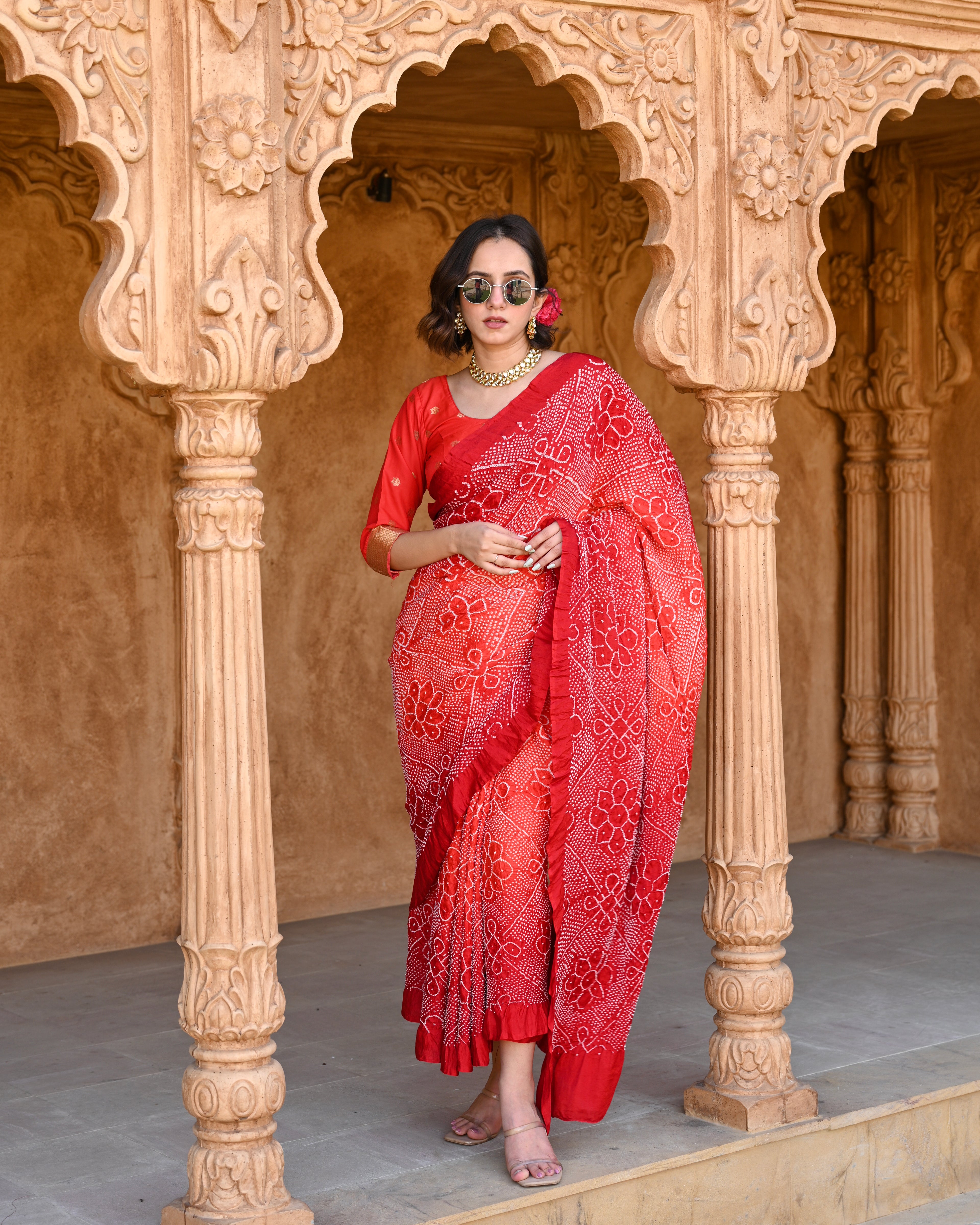 RED POPPY FLOWER BANDHANI SILK SAREE