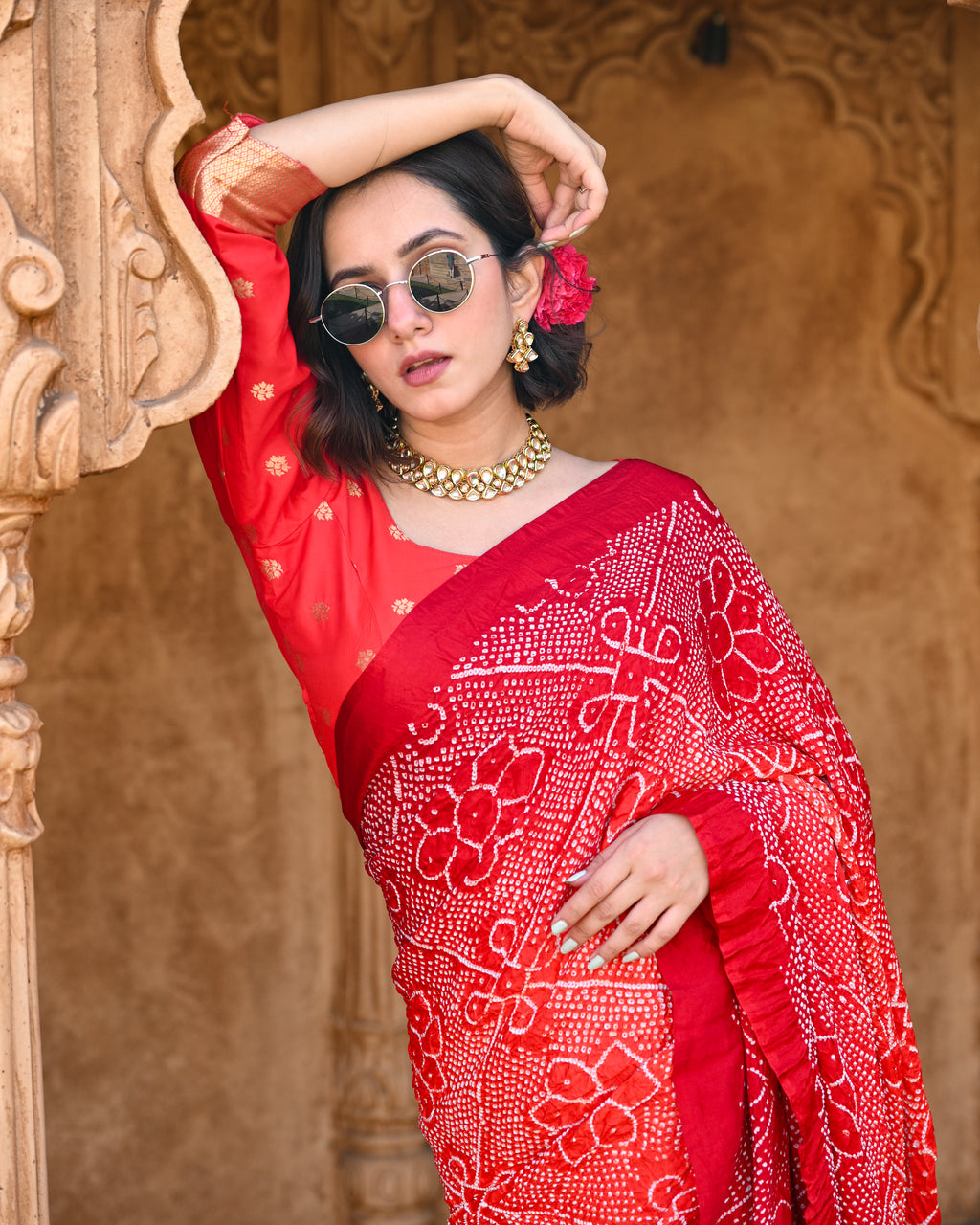 RED POPPY FLOWER BANDHANI SILK SAREE