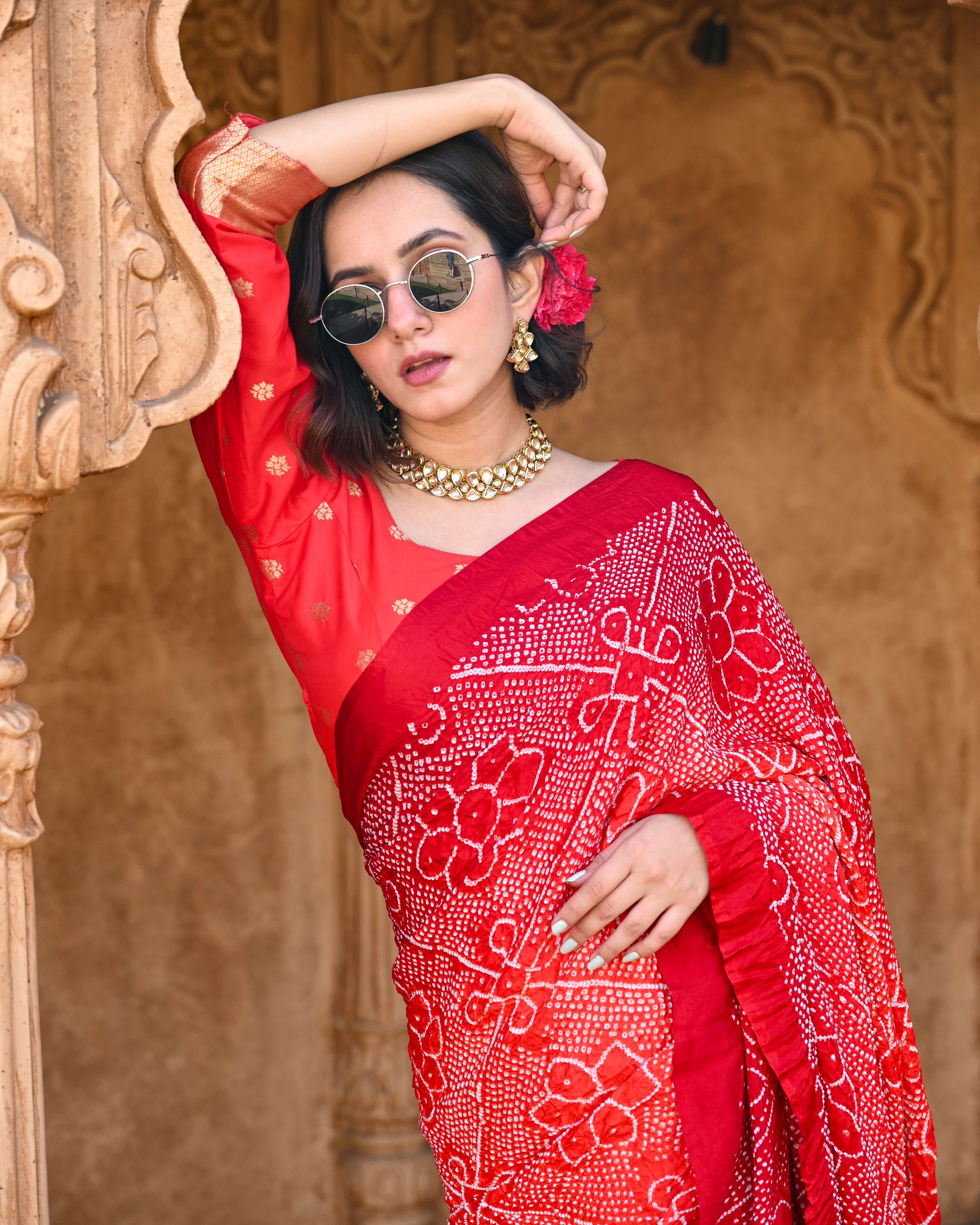 RED POPPY FLOWER BANDHANI SILK SAREE