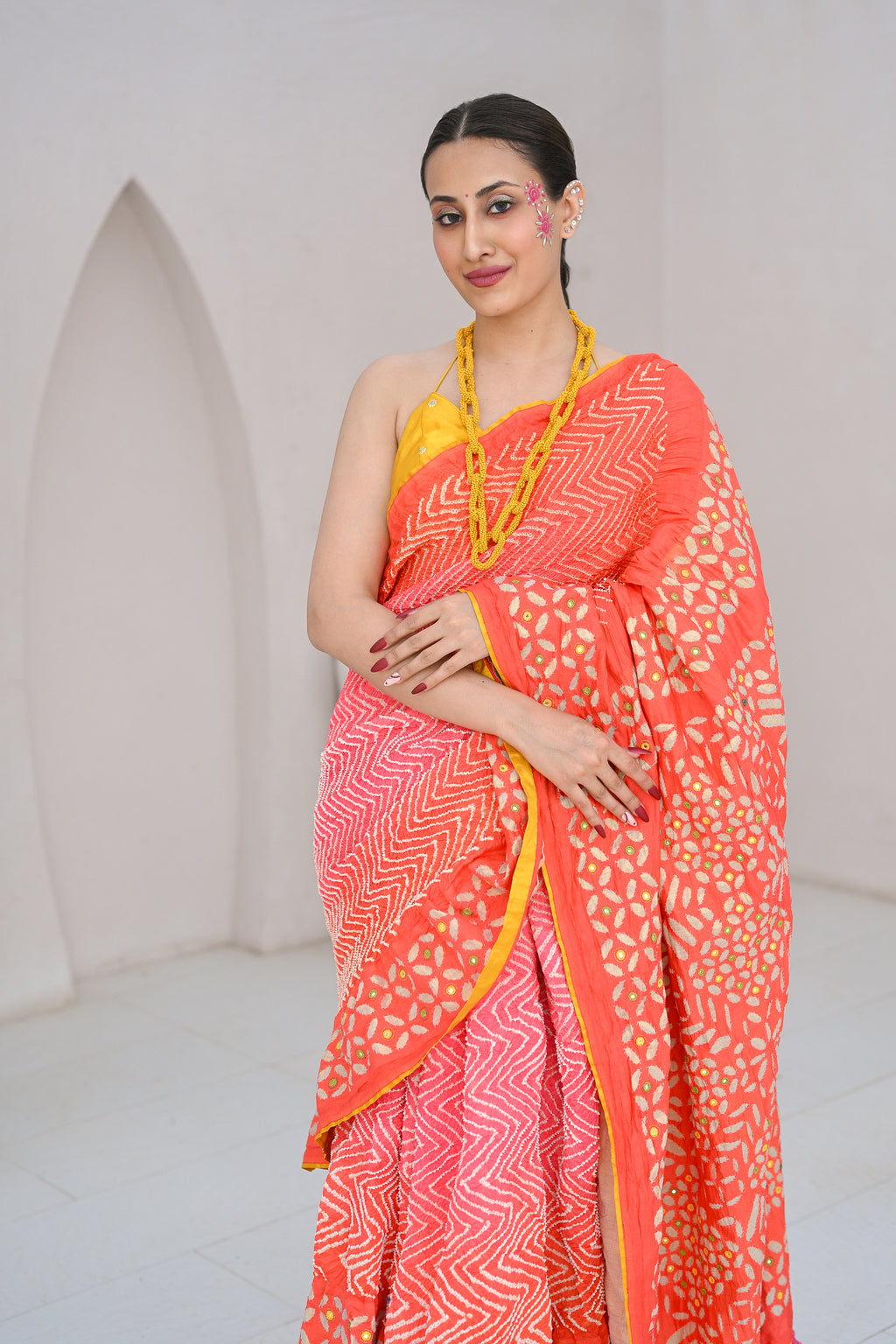PINK - ORANGE APPLIQUE EMBROIDERED SILK BANDHANI SAREE WITH TASSELS
