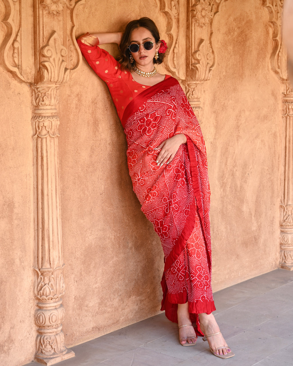 RED POPPY FLOWER BANDHANI SILK SAREE