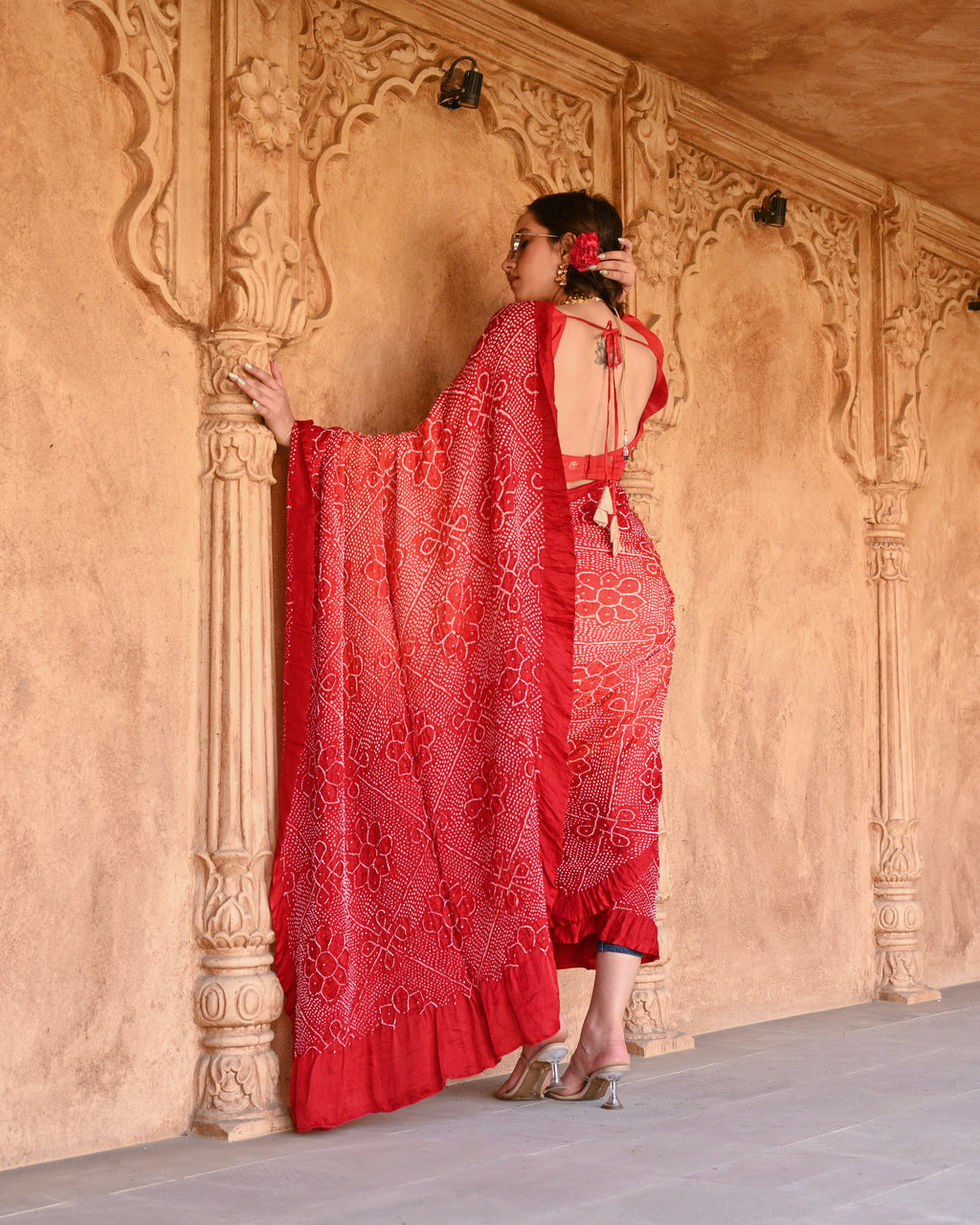 RED POPPY FLOWER BANDHANI SILK SAREE