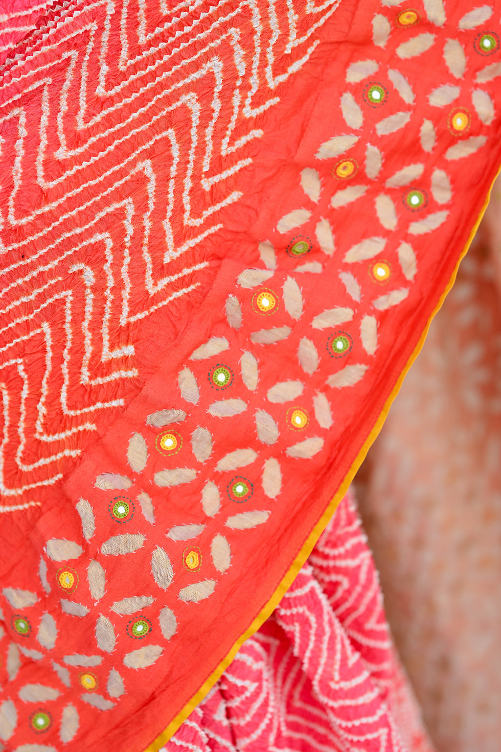 PEACH - ORANGE APPLIQUE EMBROIDERED SILK BANDHANI SAREE WITH TASSELS