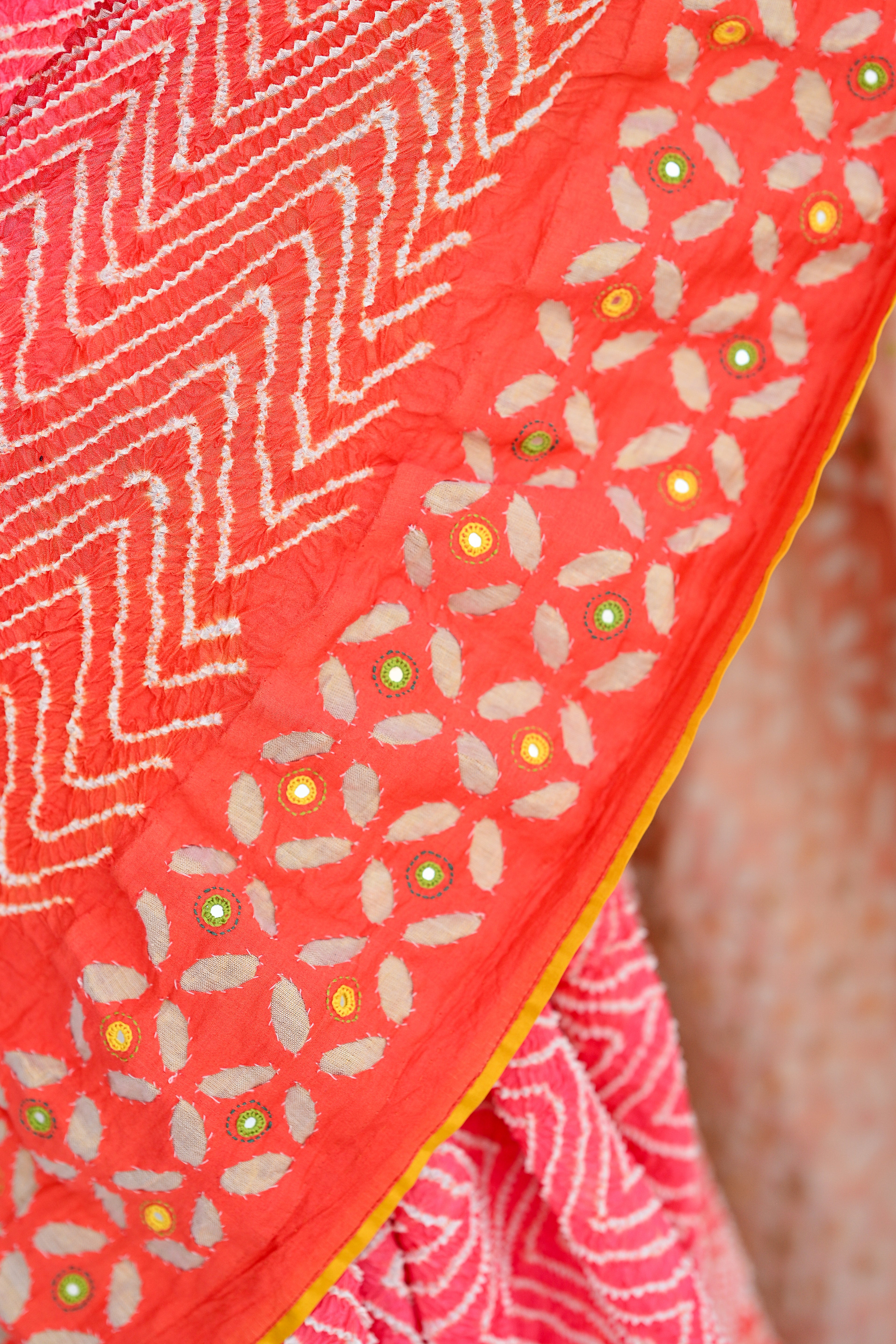 PEACH - ORANGE APPLIQUE EMBROIDERED SILK BANDHANI SAREE WITH TASSELS