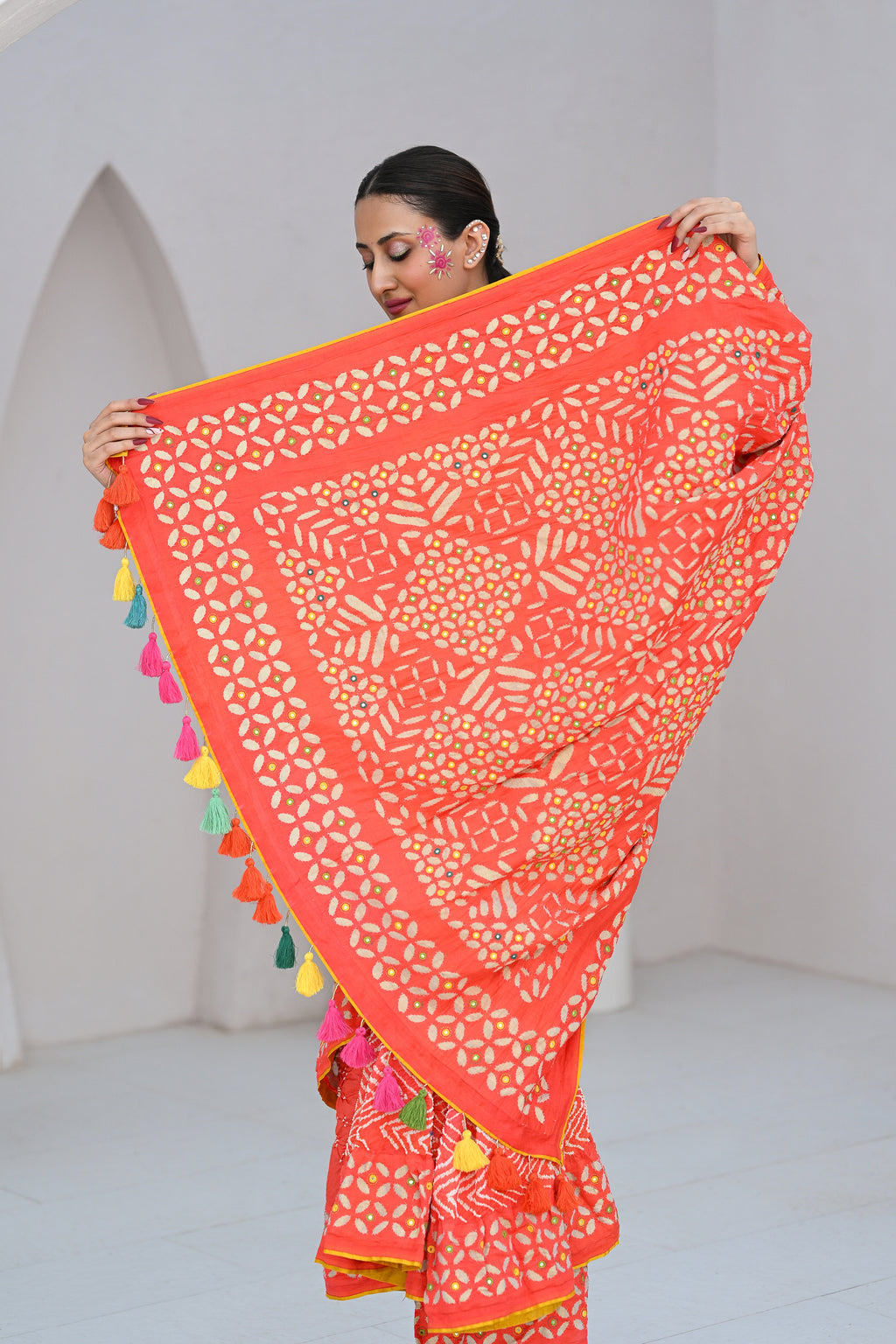 PEACH - ORANGE APPLIQUE EMBROIDERED SILK BANDHANI SAREE WITH TASSELS