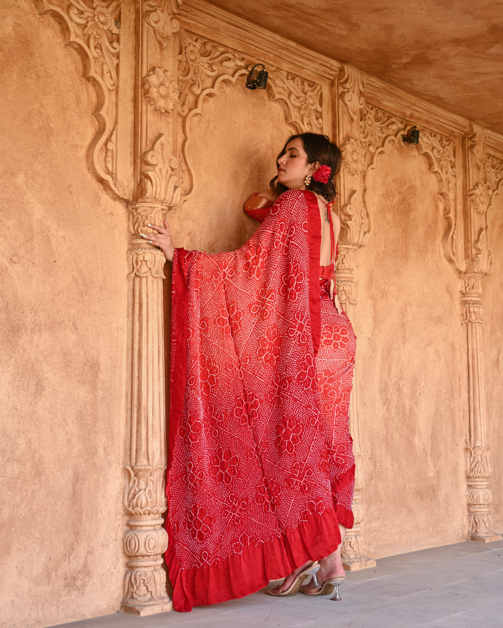 RED POPPY FLOWER BANDHANI SILK SAREE