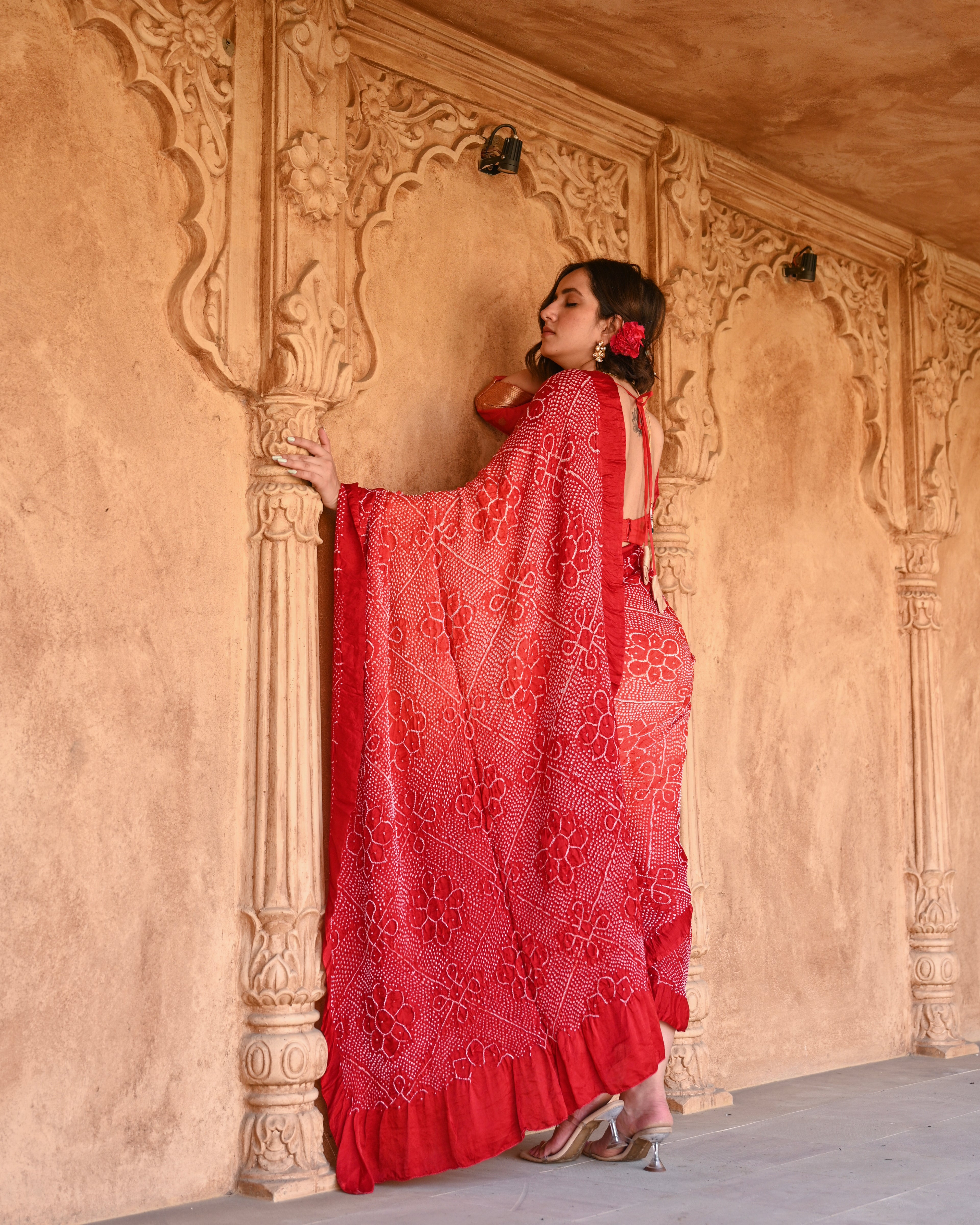 RED POPPY FLOWER BANDHANI SILK SAREE
