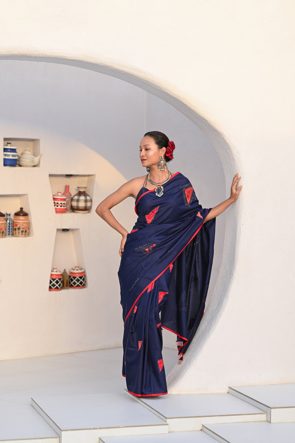 INDIGO BLUE WABI - SABI EMBROIDERED SILK SAREE WITH TASSELS