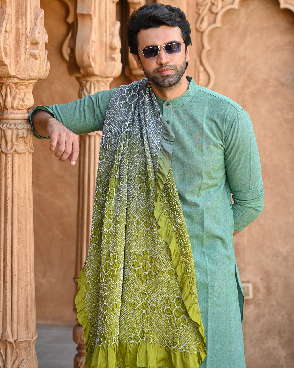 GREY-GREEN POPPY FLOWER BANDHANI SILK DUPATTA