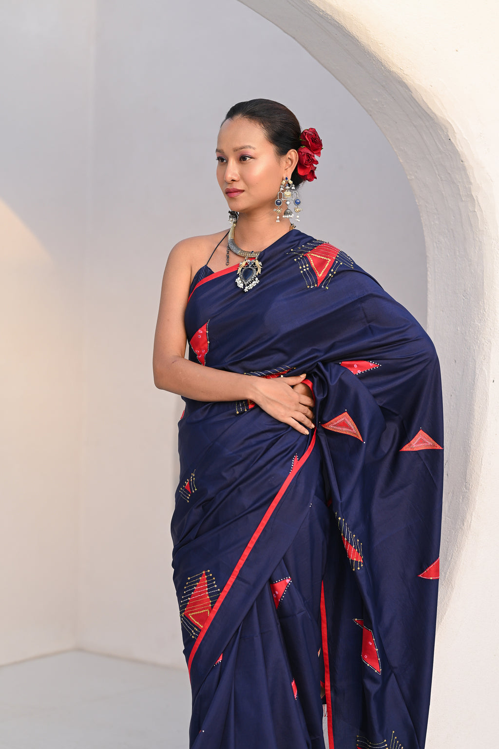 INDIGO BLUE WABI - SABI EMBROIDERED SILK SAREE WITH TASSELS