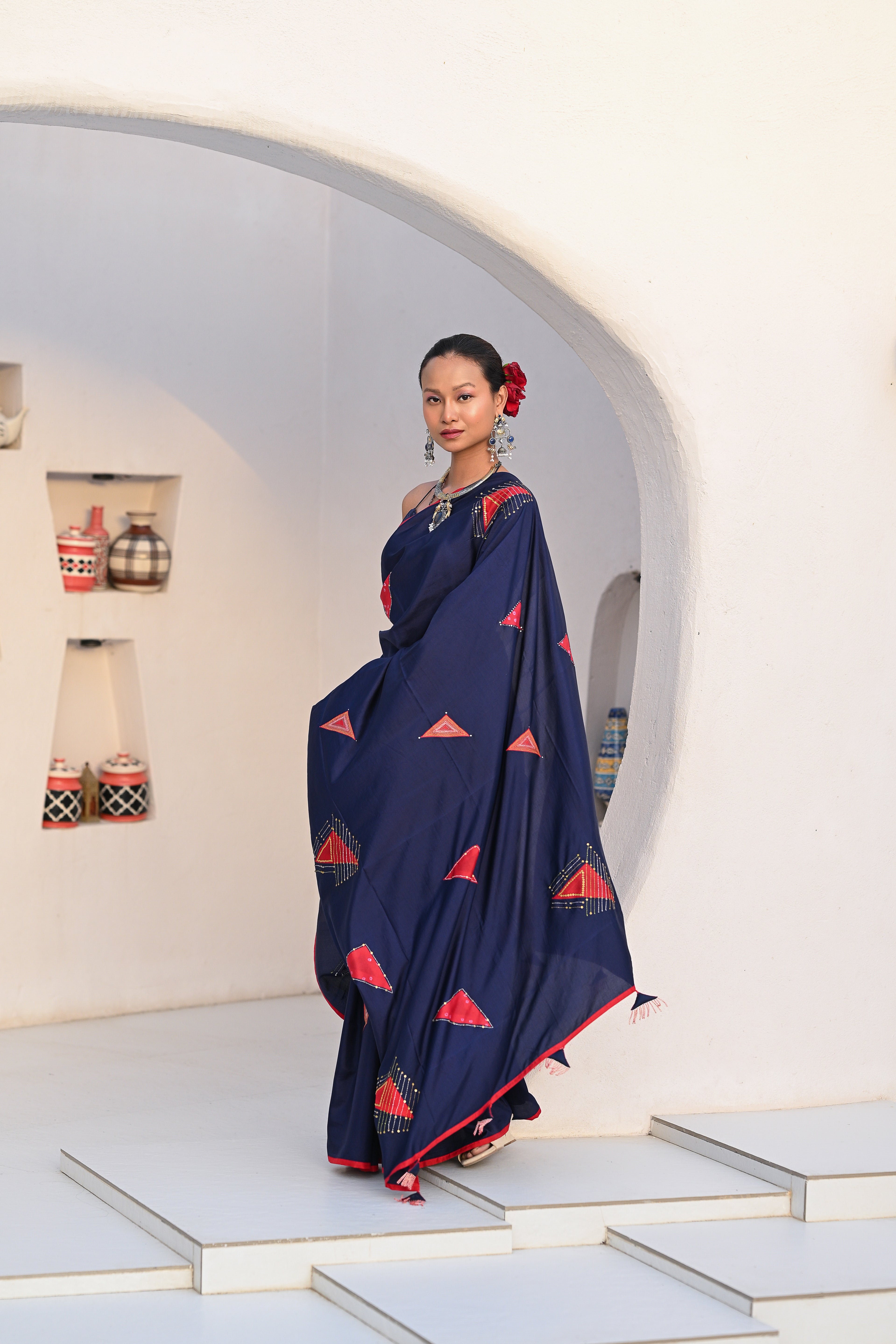 INDIGO BLUE WABI - SABI EMBROIDERED SILK SAREE WITH TASSELS