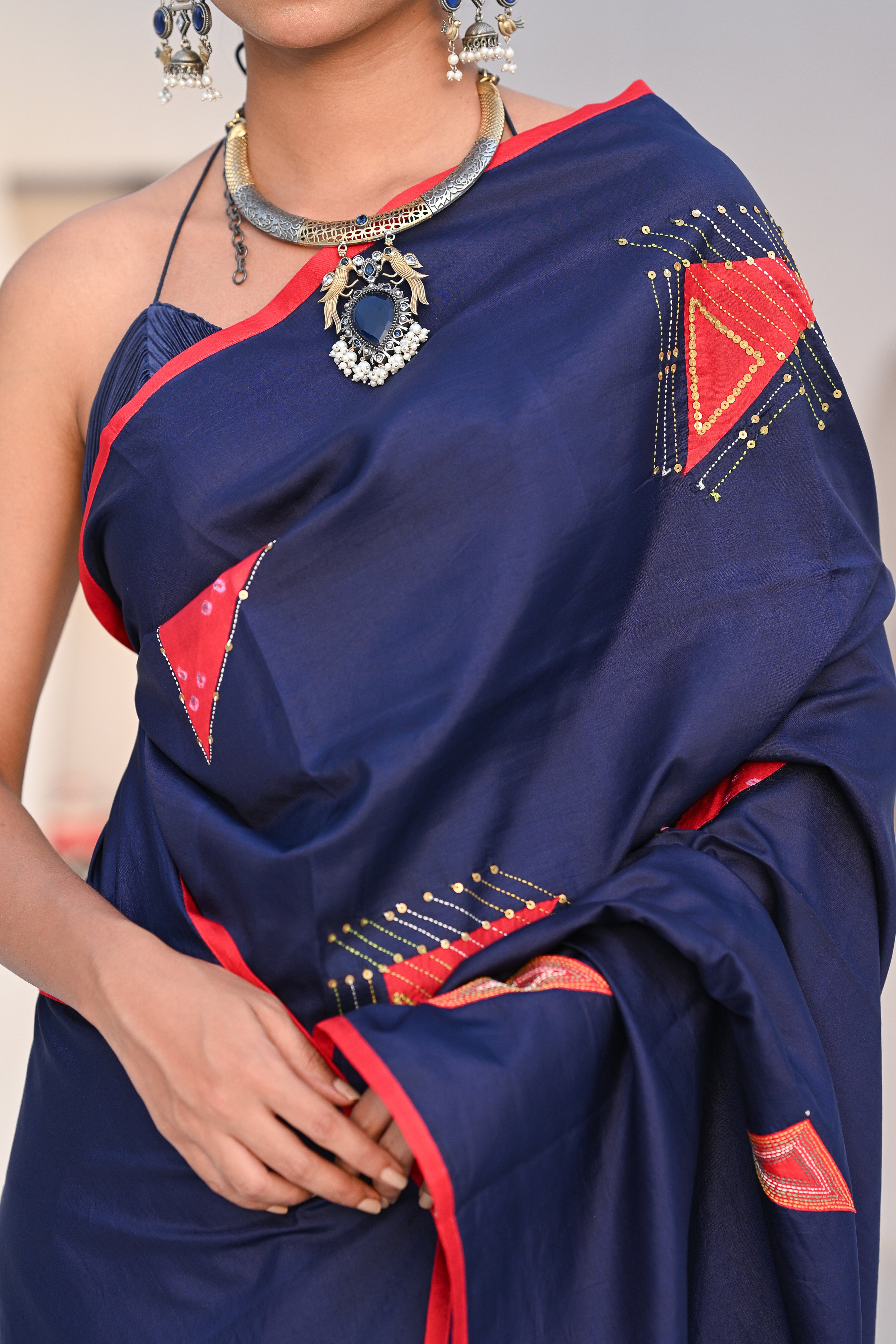 INDIGO BLUE WABI - SABI EMBROIDERED SILK SAREE WITH TASSELS