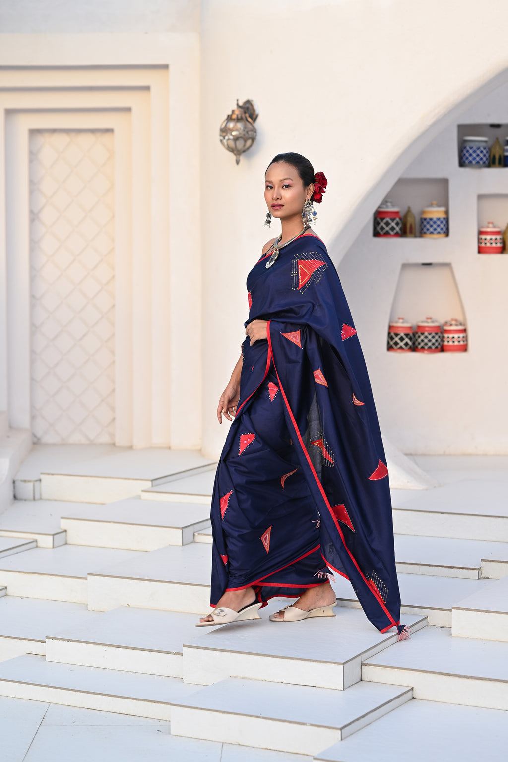 INDIGO BLUE WABI - SABI EMBROIDERED SILK SAREE WITH TASSELS