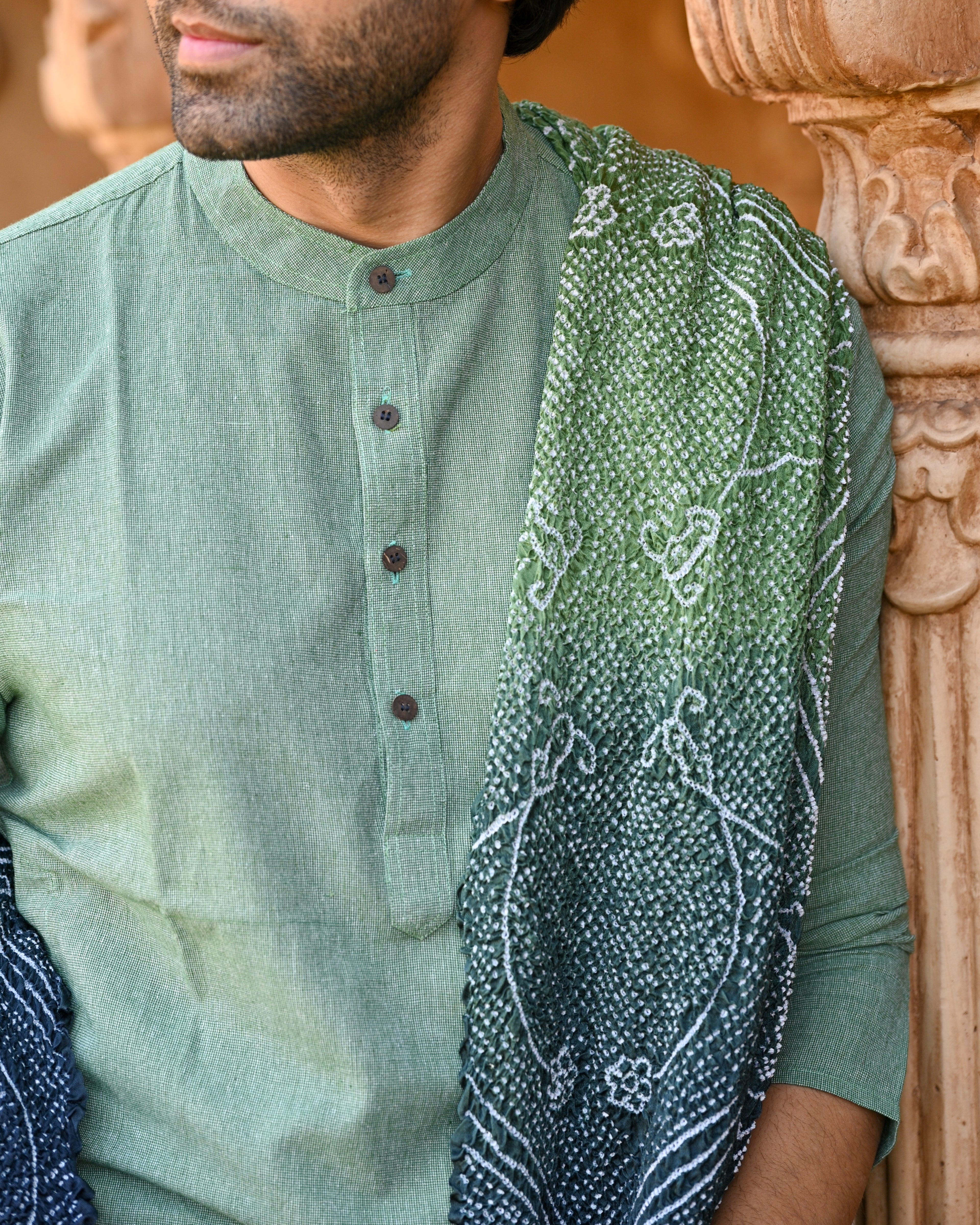 GREEN-NAVY BLUE FLOWER BANDHAANI SILK DUPATTA