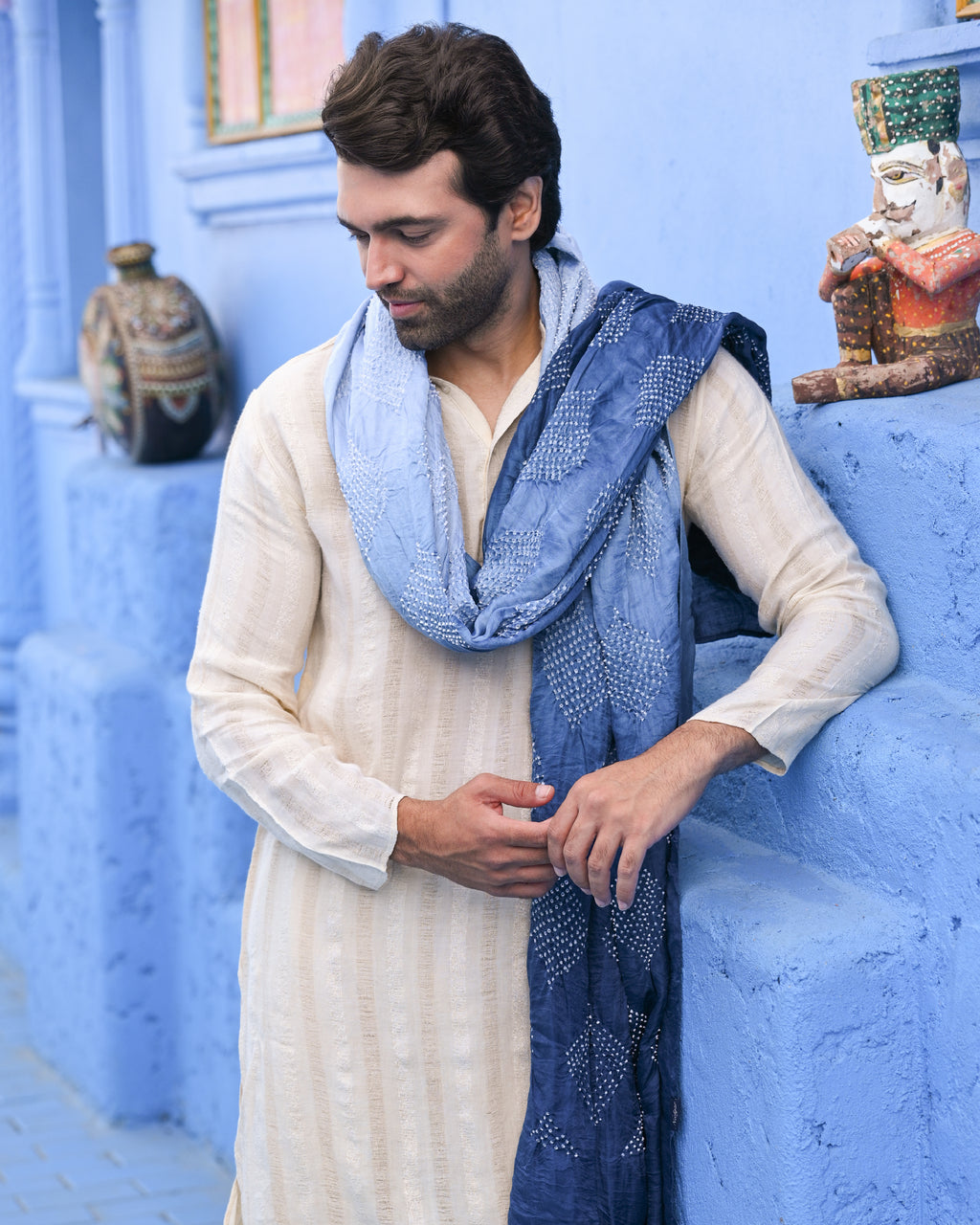 NAVY BLUE GEOMETRIC TEARDROP BANDHANI SILK DUPATTA