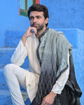 BLACK-GREY TRIANGULAR GEOMETRIC BANDHANI SILK DUPATTA WITH MUKAISH WORK AND SILK BORDER